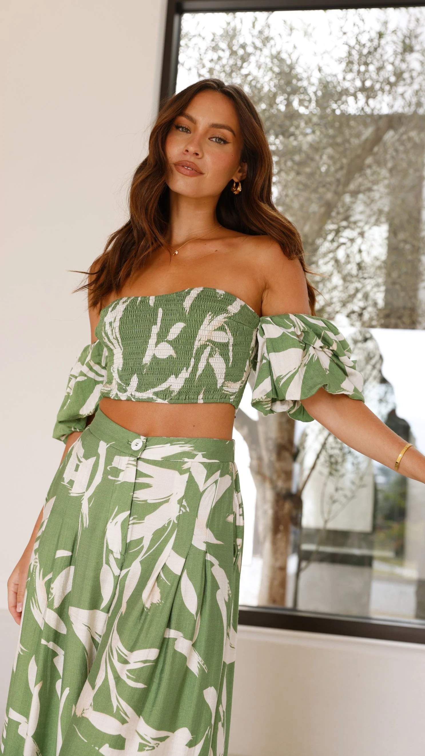Callison Crop Top and Pants Set - Green Print