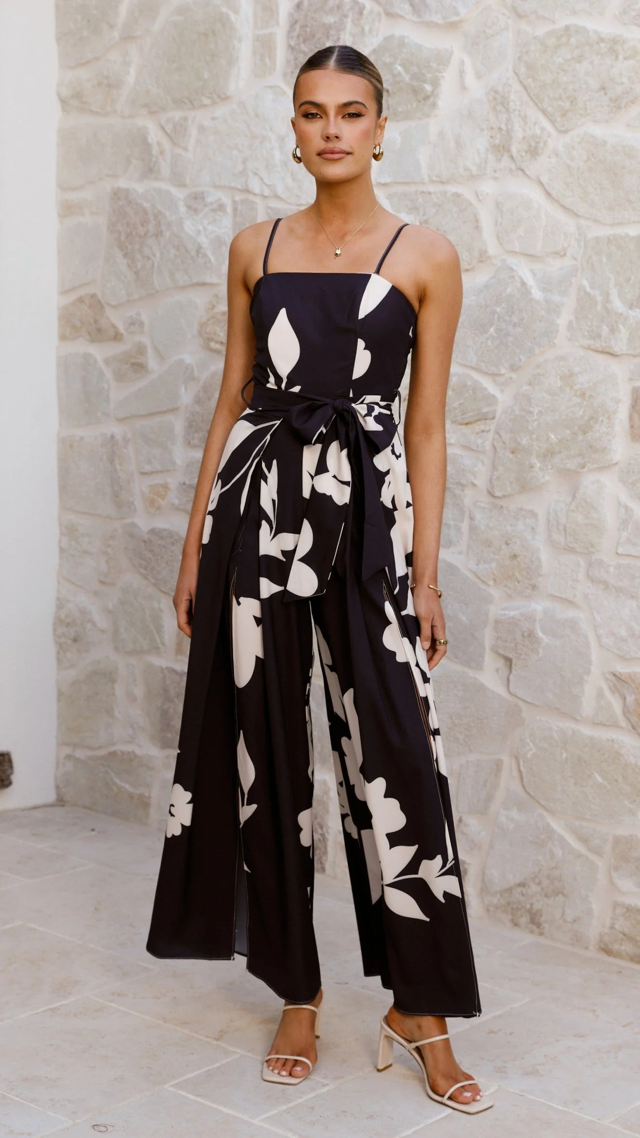 Carson Front Split Strapless Jumpsuit - Black Floral
