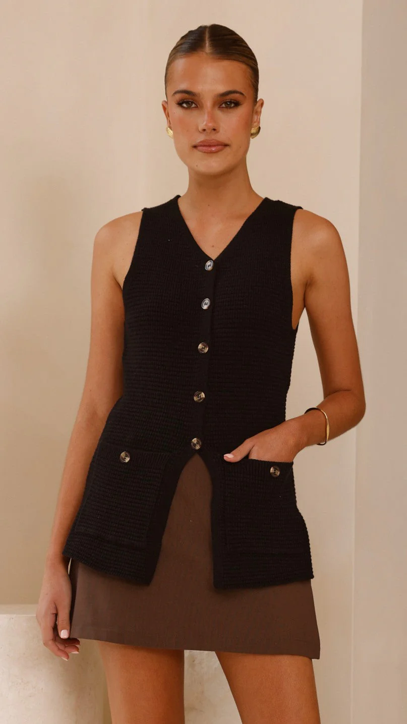 Inari Knit Button Up Vest - Black