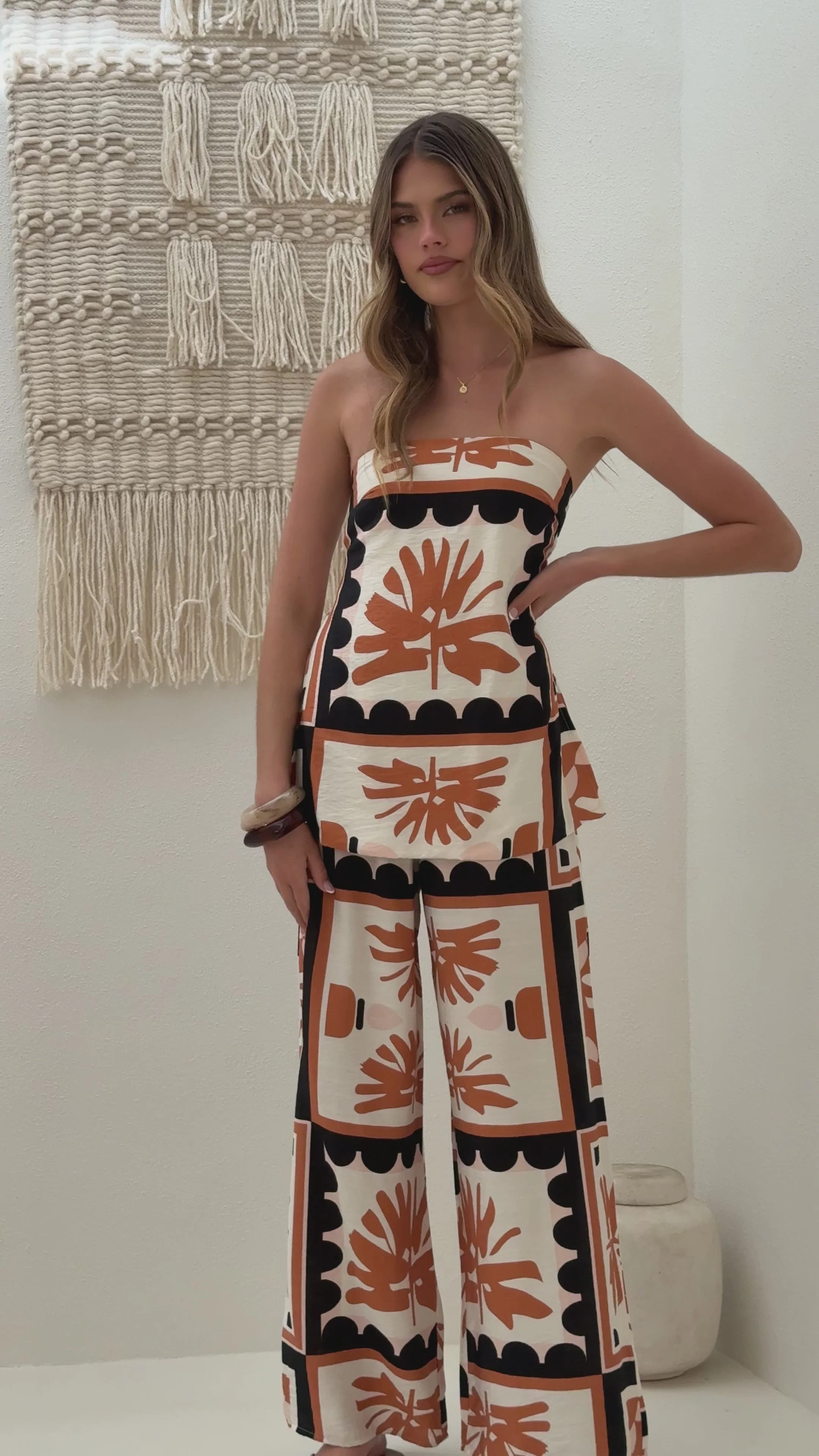 Kailani Strapless Top and Pants Set - Rust/Black Palm Print