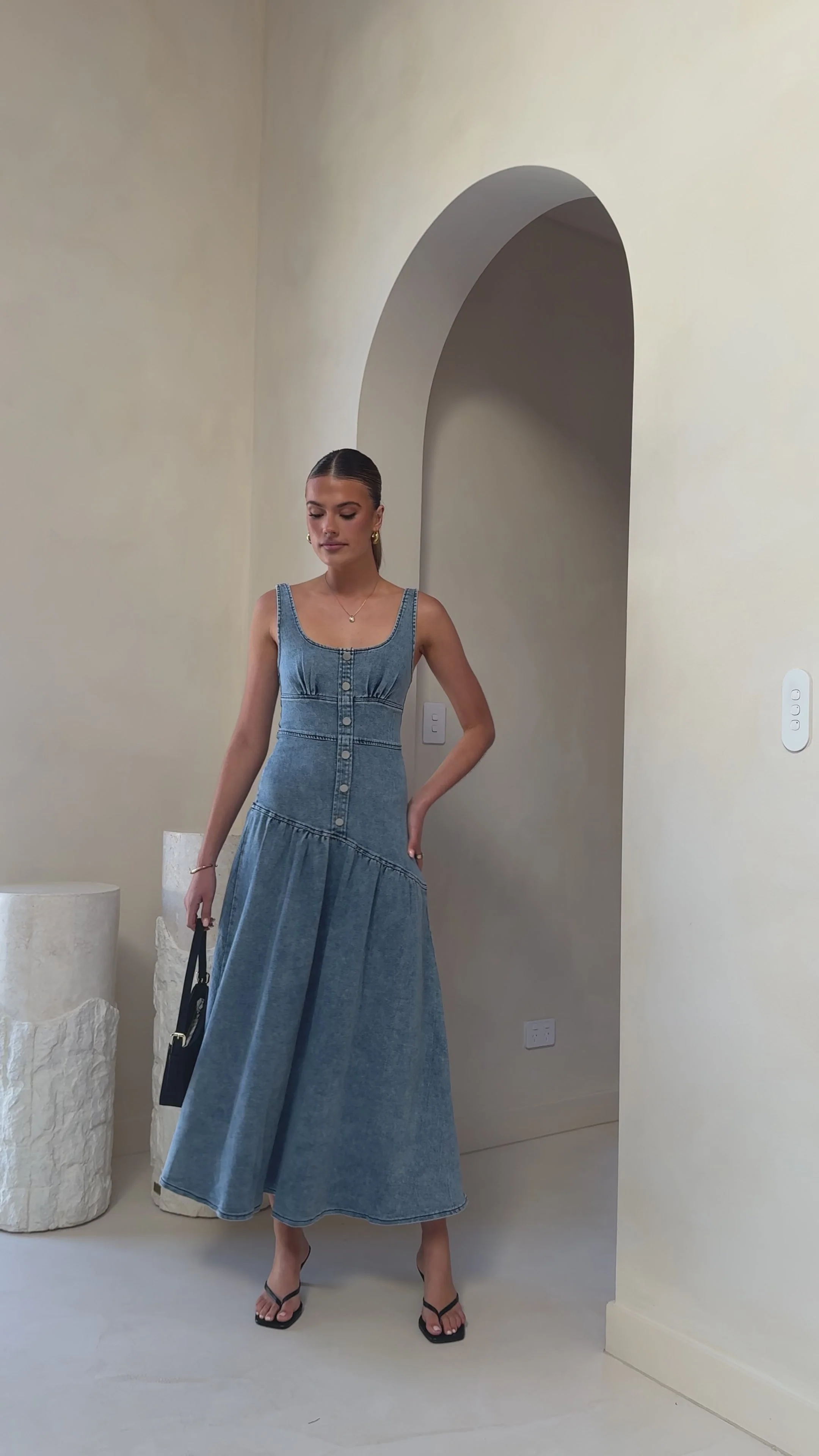 Generosa Button Front Maxi Dress - Mid Blue Denim