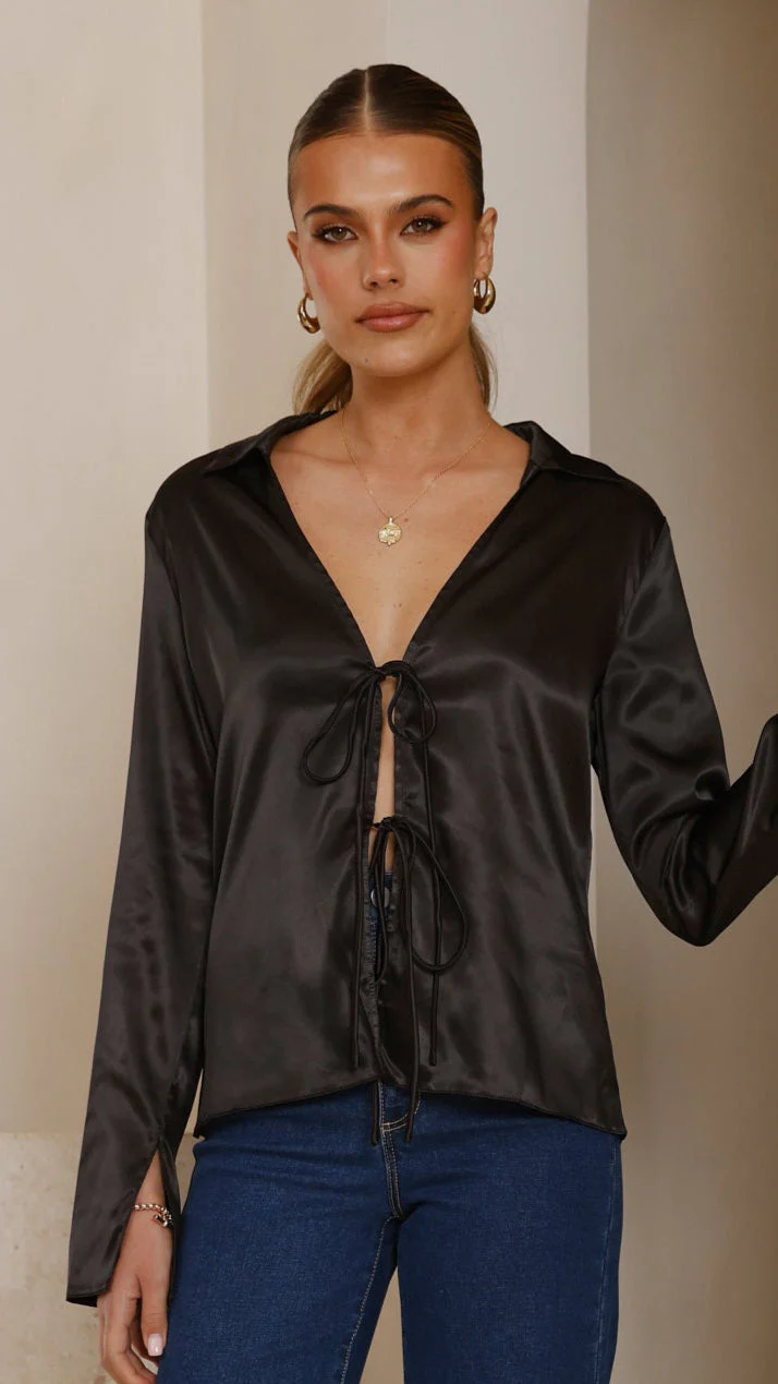 Darielle Tie Front Long Sleeve Top - Black
