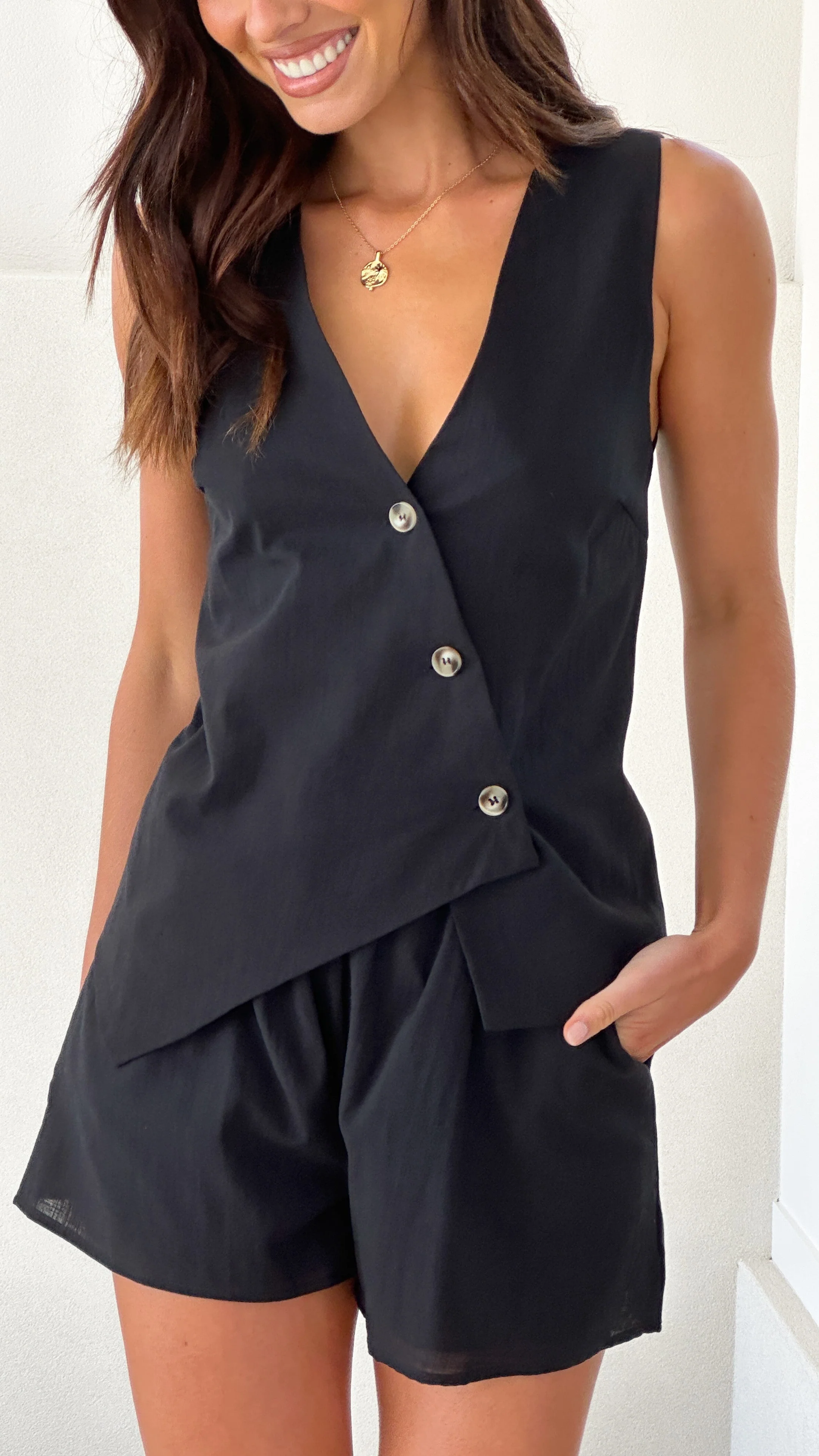 Gallia Asymmetrical Top and Shorts Set - Black