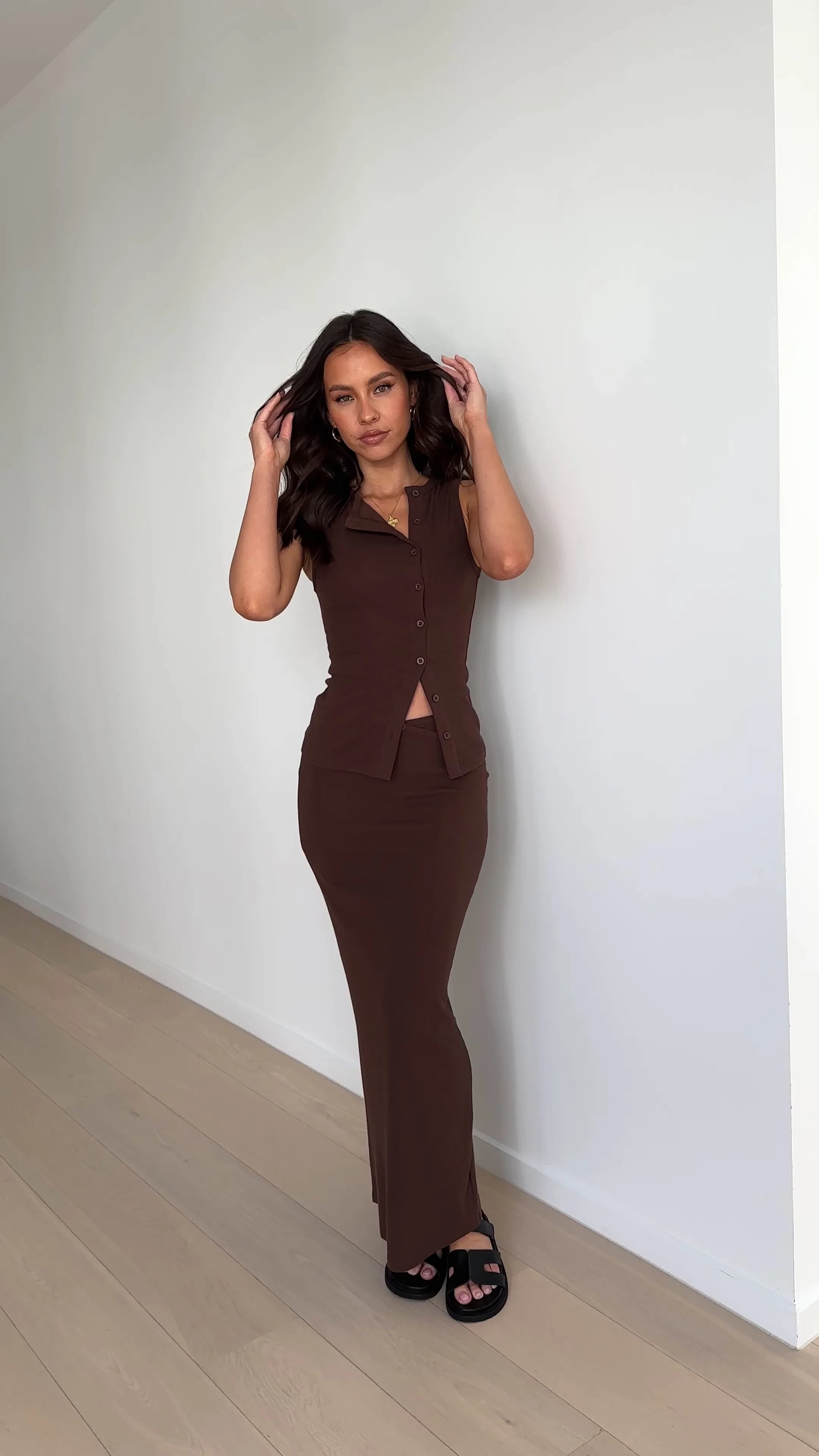Rahela Button Top and Maxi Skirt Set - Chocolate