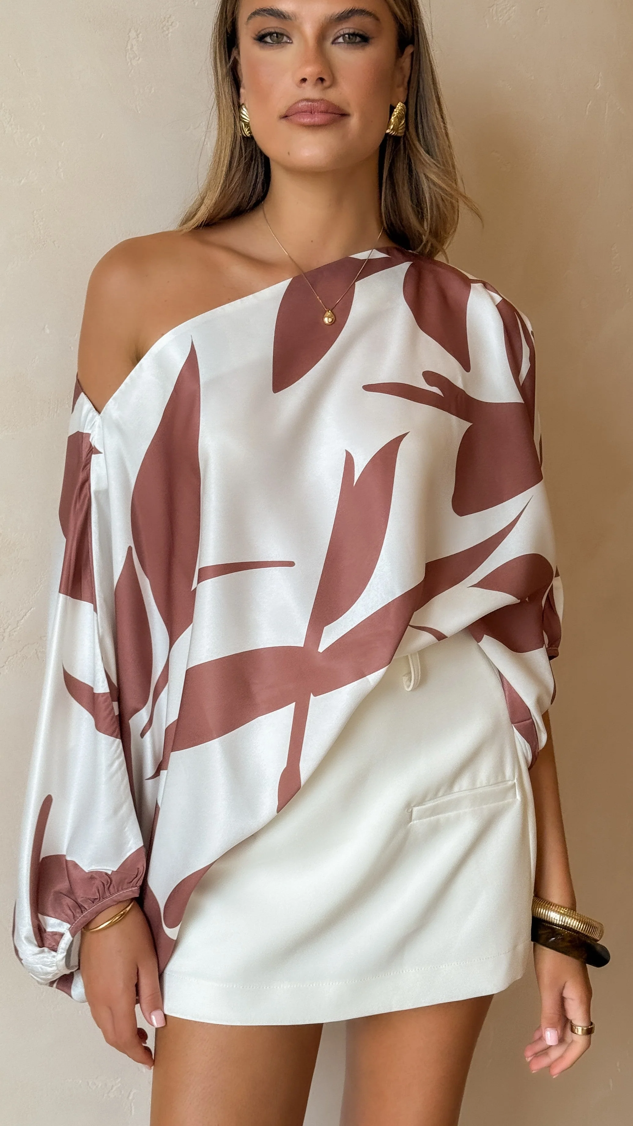 Bailey Off Shoulder Top - White / Brown
