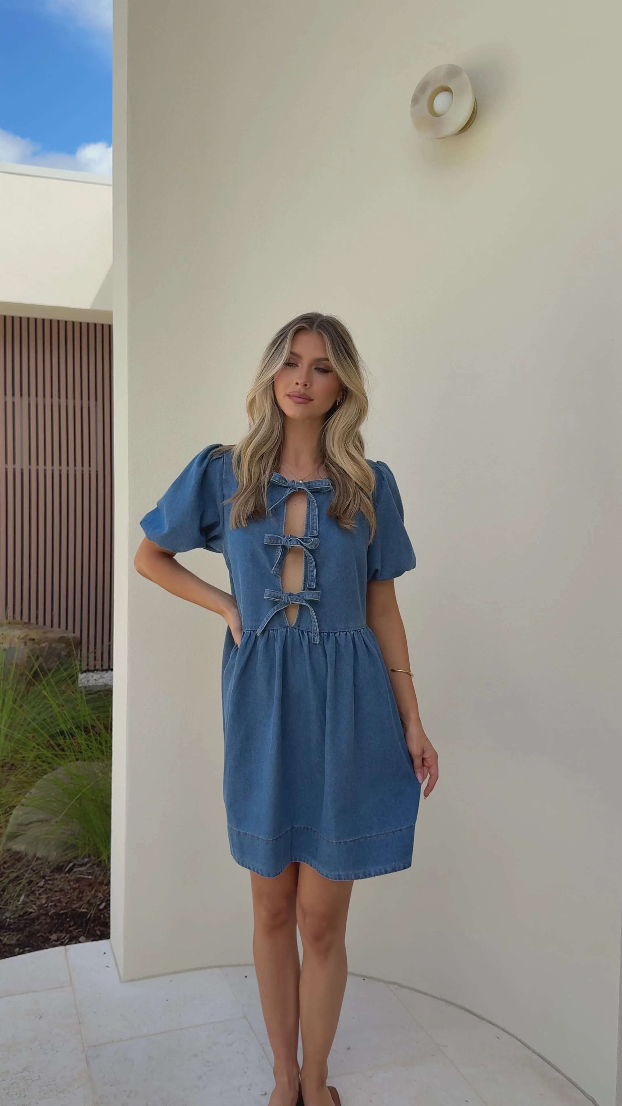 Cantara Tie Front Mini Dress - Mid Blue Denim