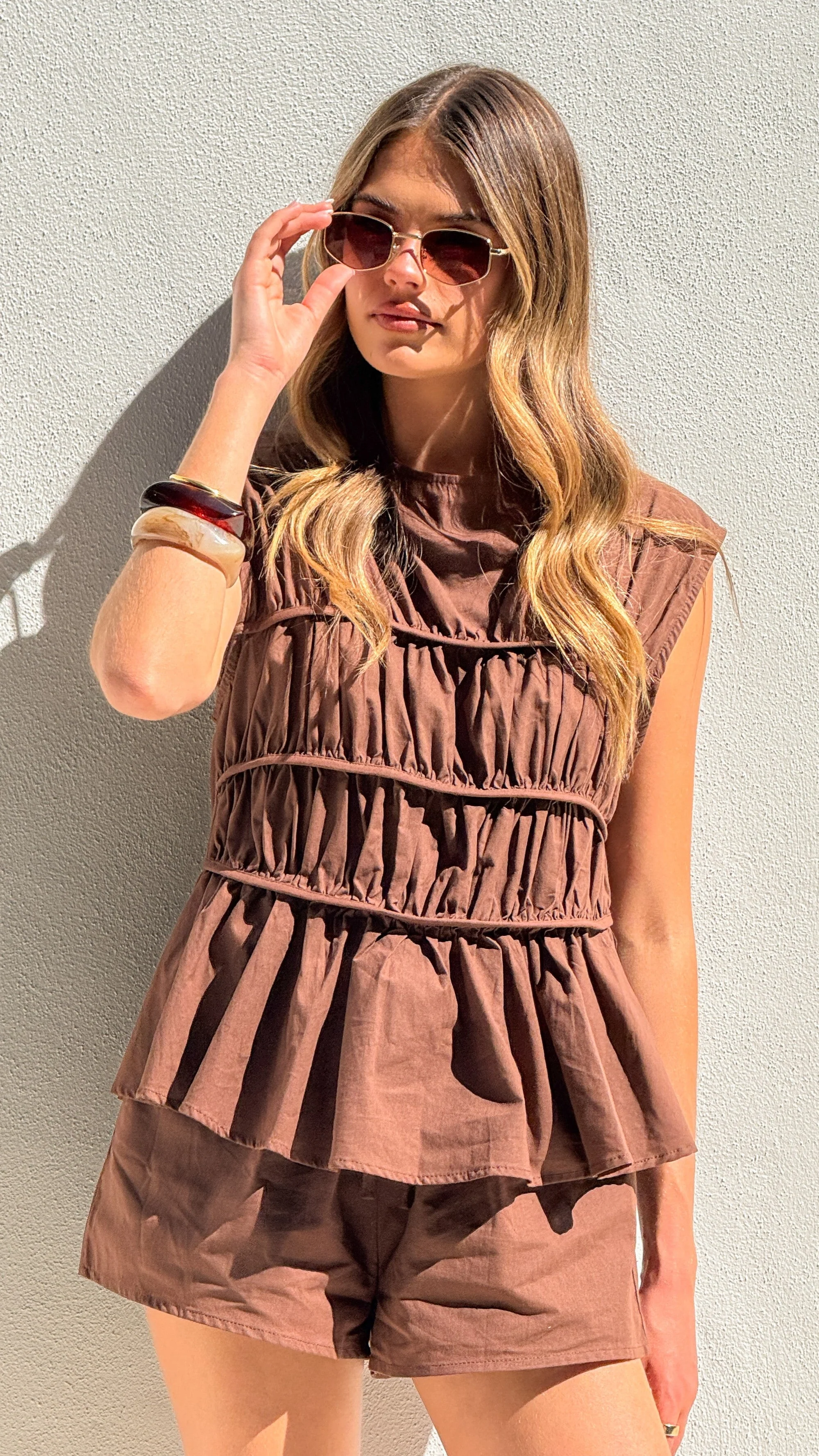 Hendrix Shirred Top and Shorts Set - Brown