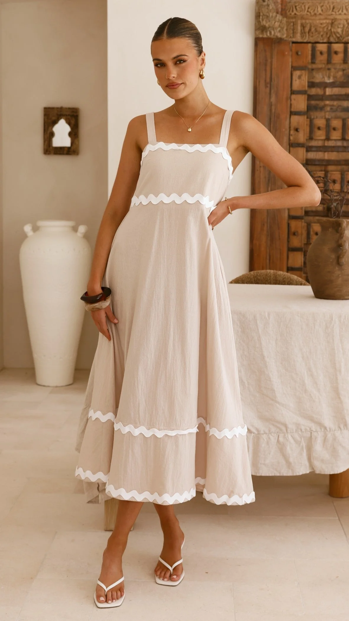 Raelynn Midi Dress - Beige/White