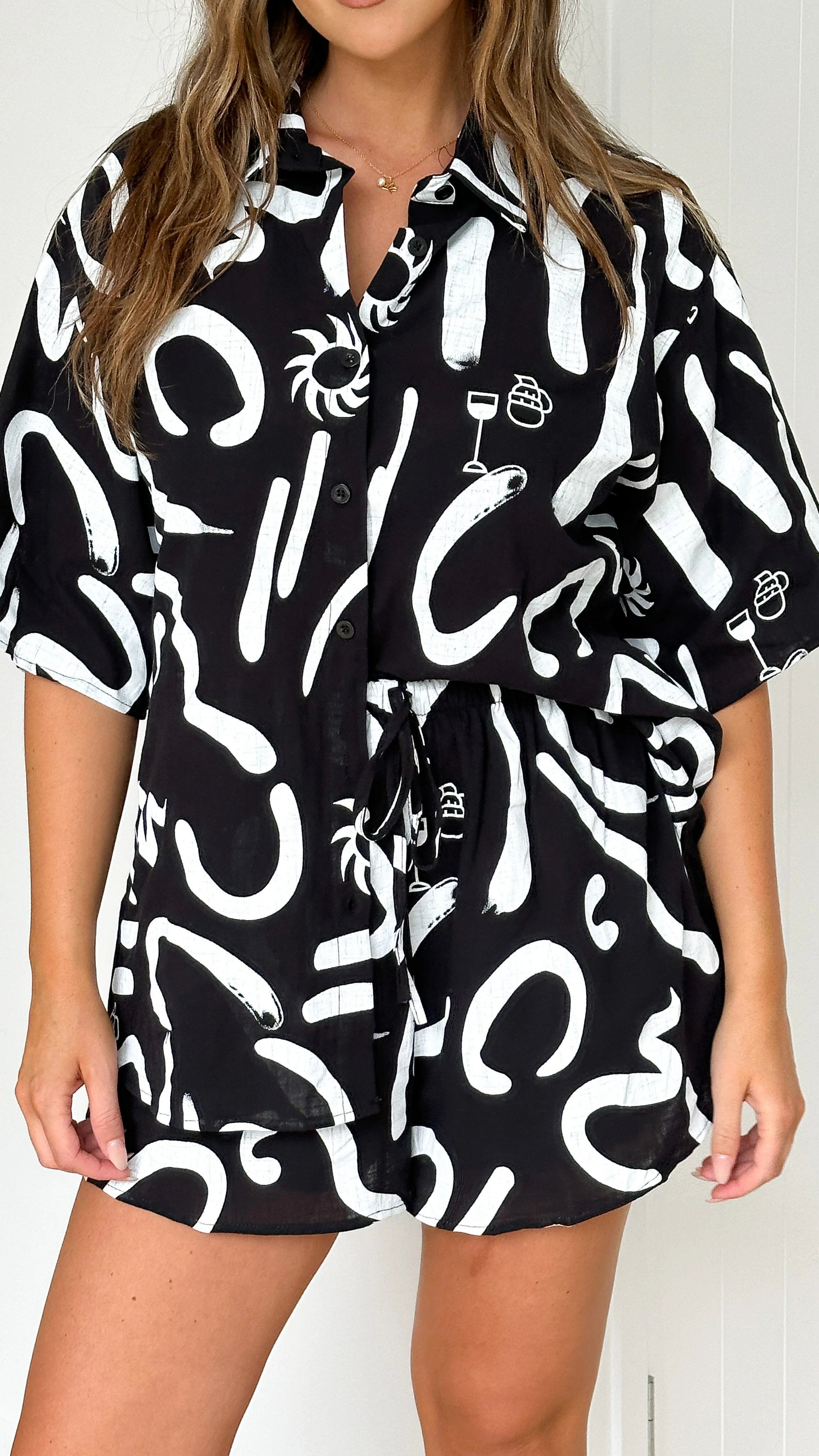 Charli Button Up Shirt and Shorts Set - Black/White
