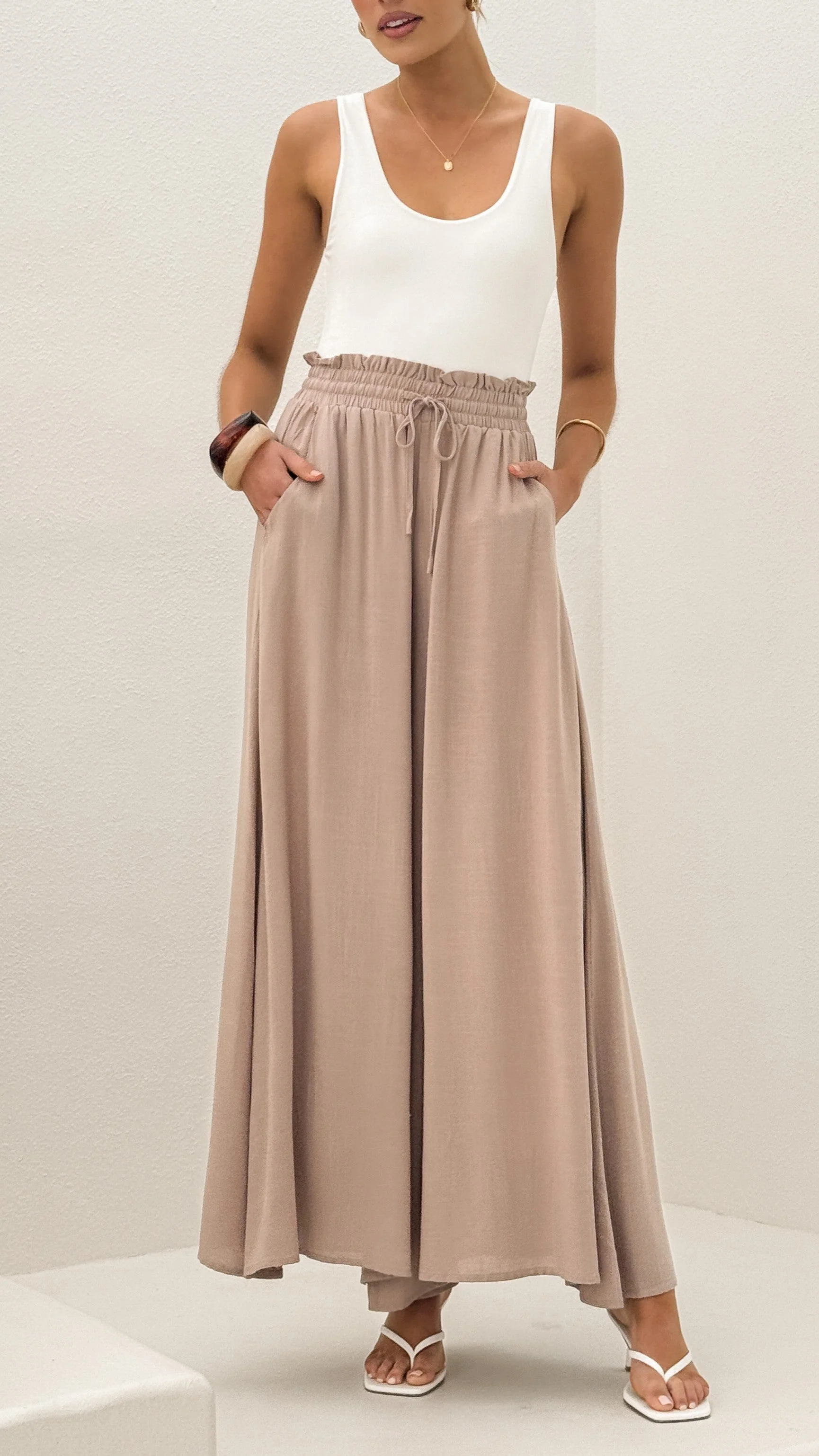 Avery Wide Leg Pants - Beige