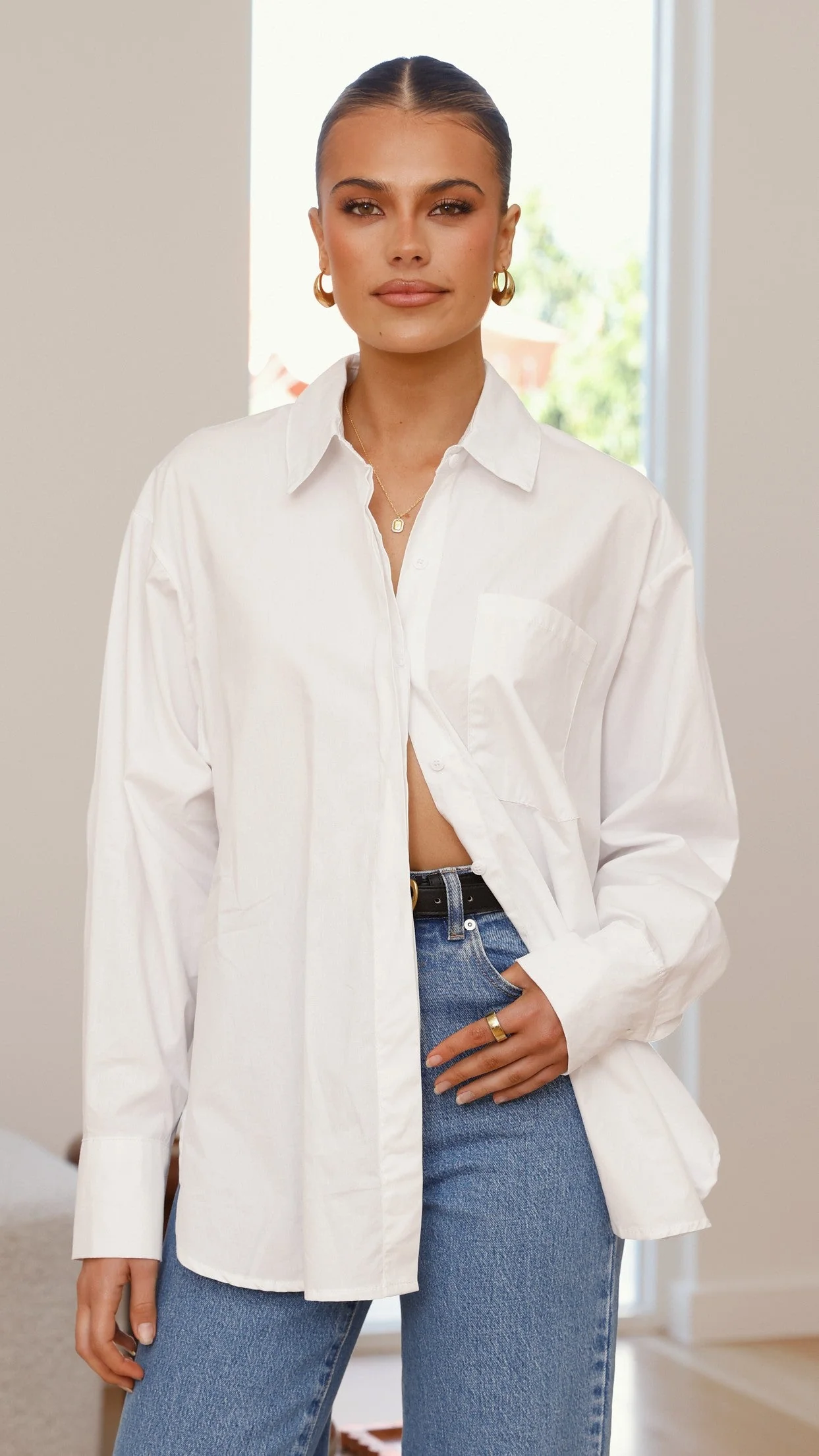 Charla Button Up Poplin Top - White