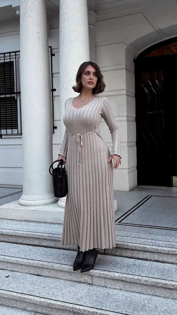 Cyra Long Sleeve Maxi Dress - Beige