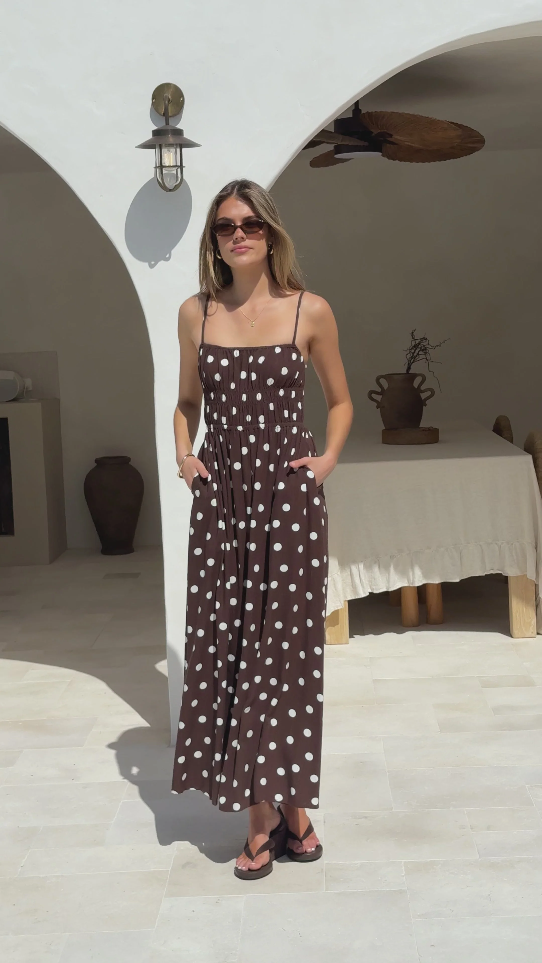 Solare Maxi Dress - Brown/White Polka