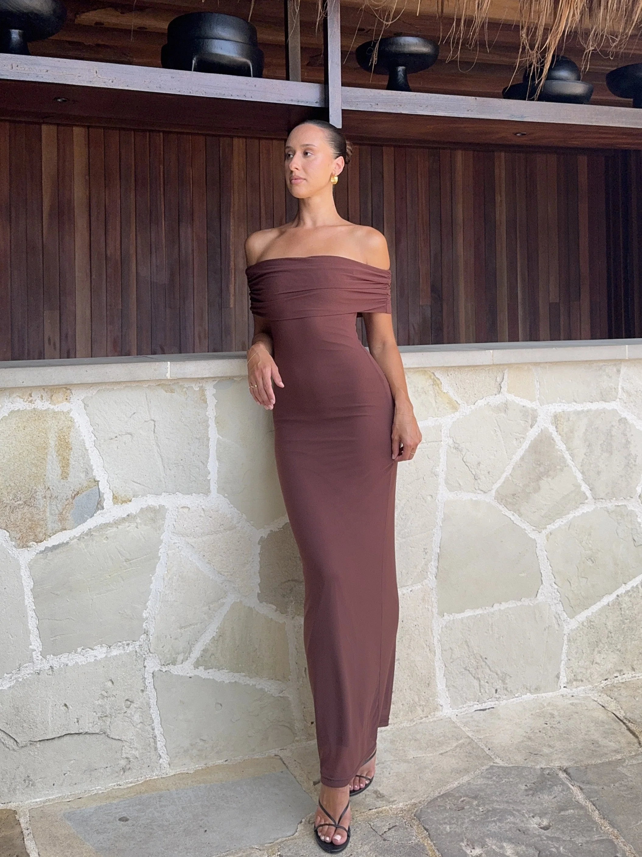 Darcey Off Shoulder Maxi Dress - Brown