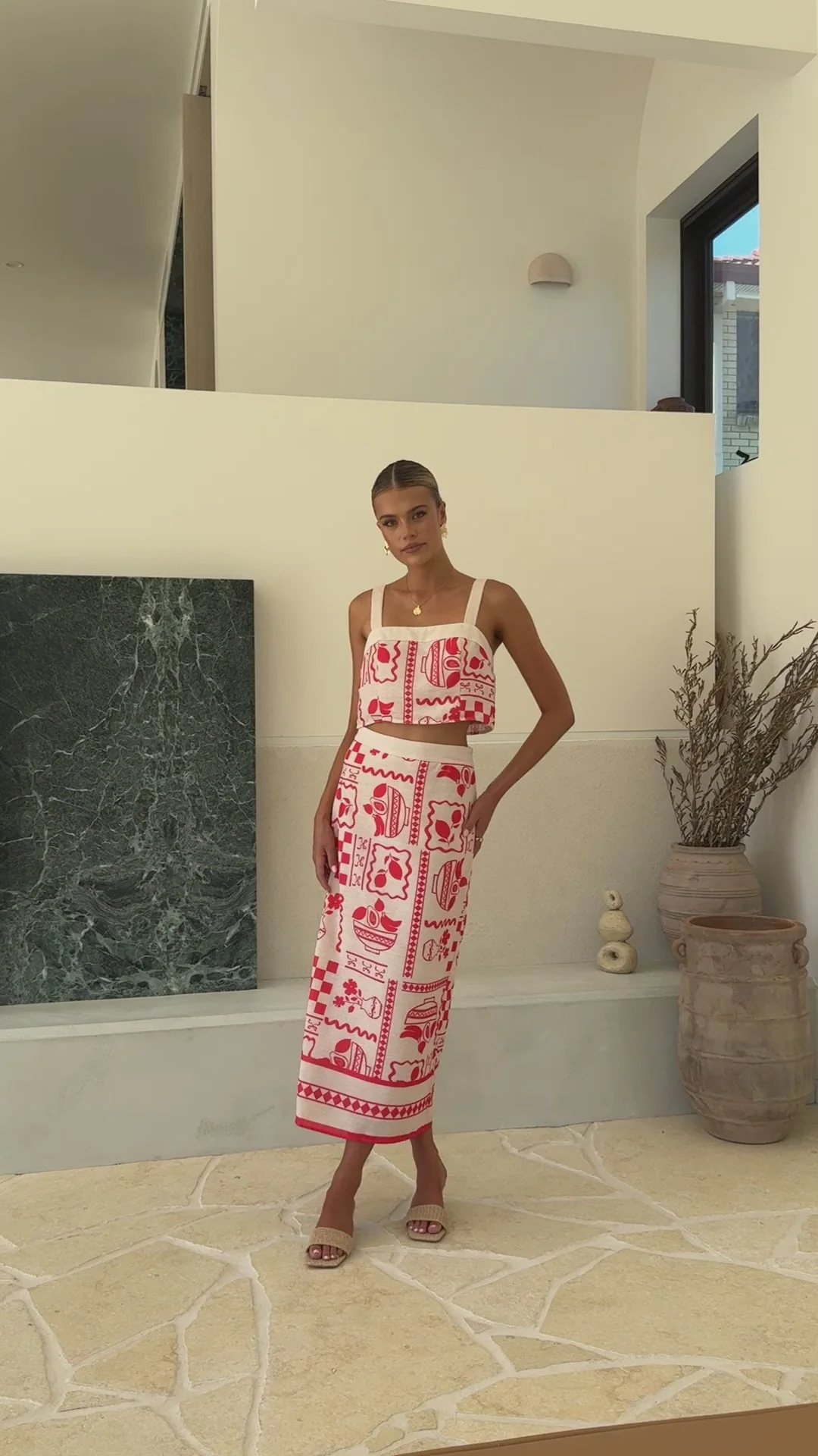 Sakiko Top and Midi Skirt Set - Red/Natural