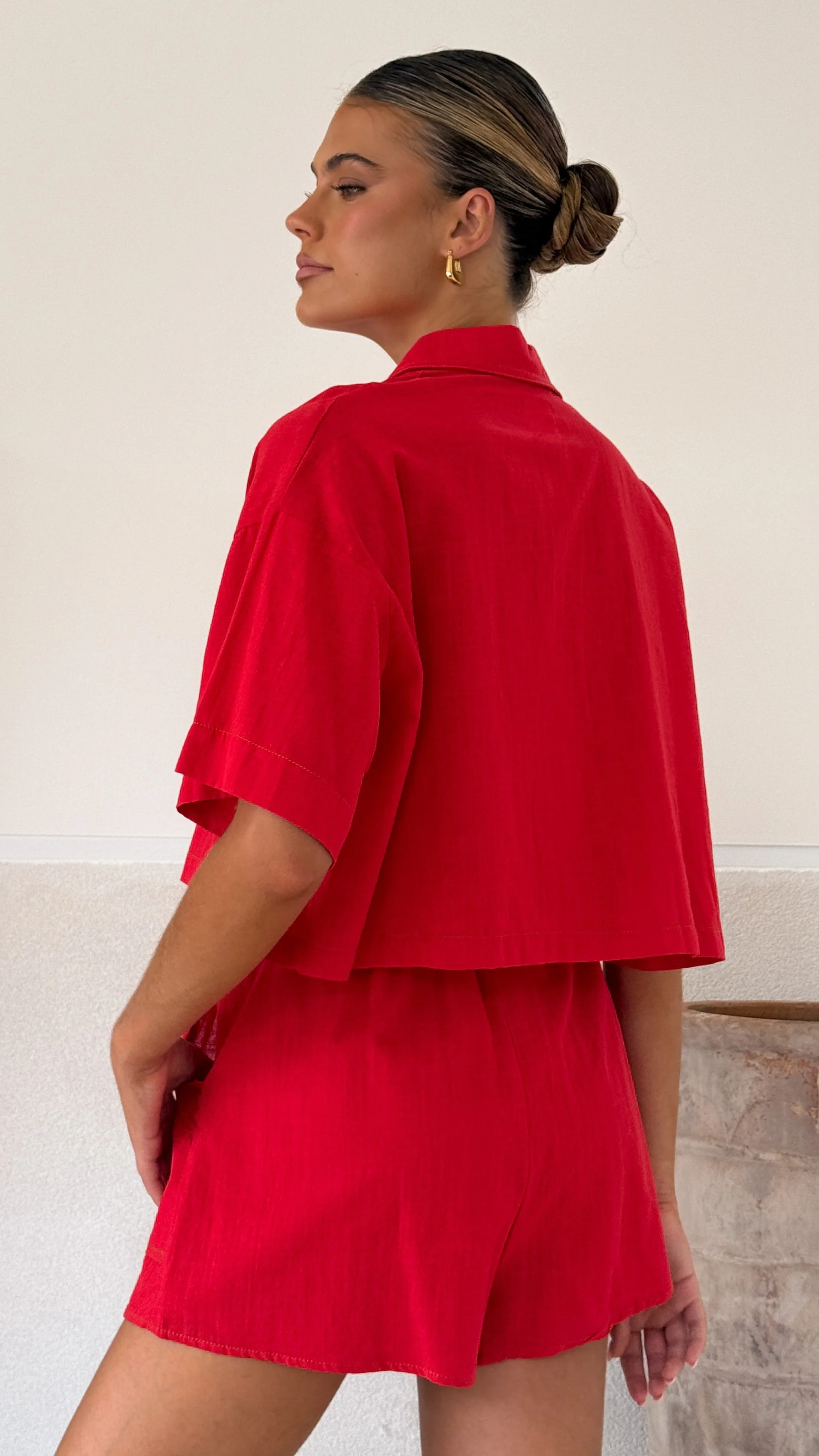 Bridgette Cropped Shirt and Shorts Set - Red