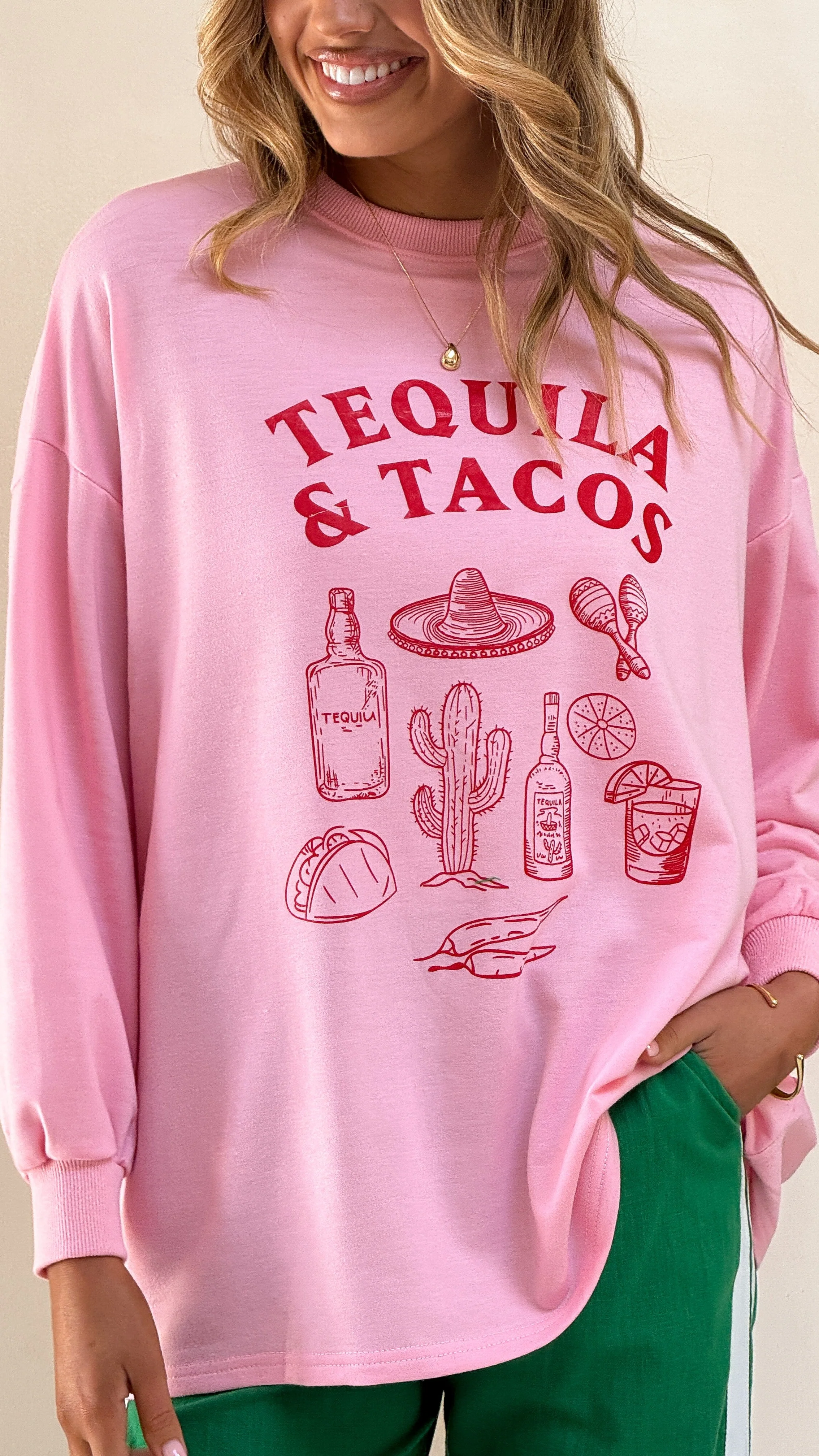 Tequila and Tacos Long Sleeve Top and Pants Set - Pink / Green