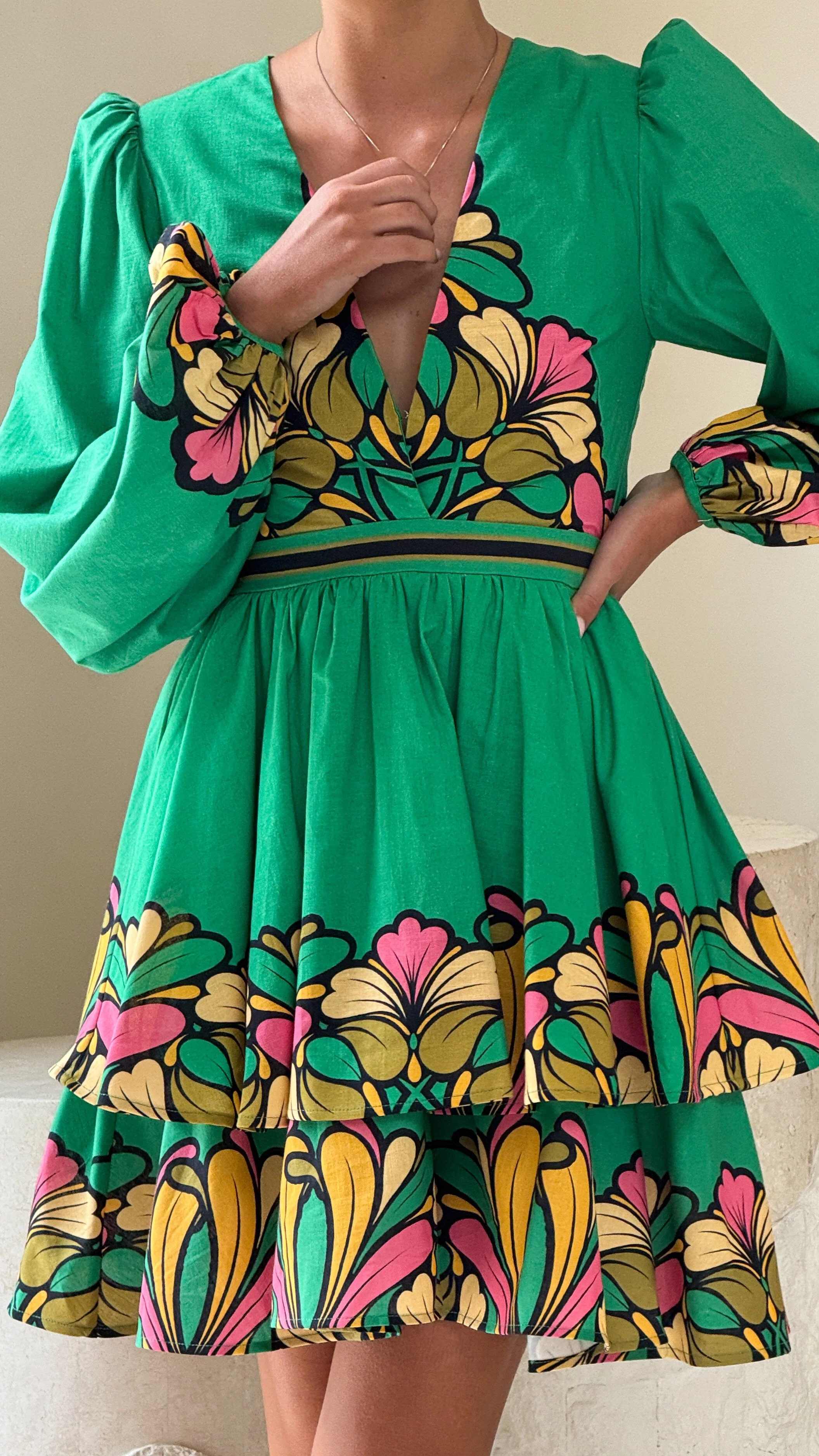 Portugal Long Sleeve Mini Dress - Apple