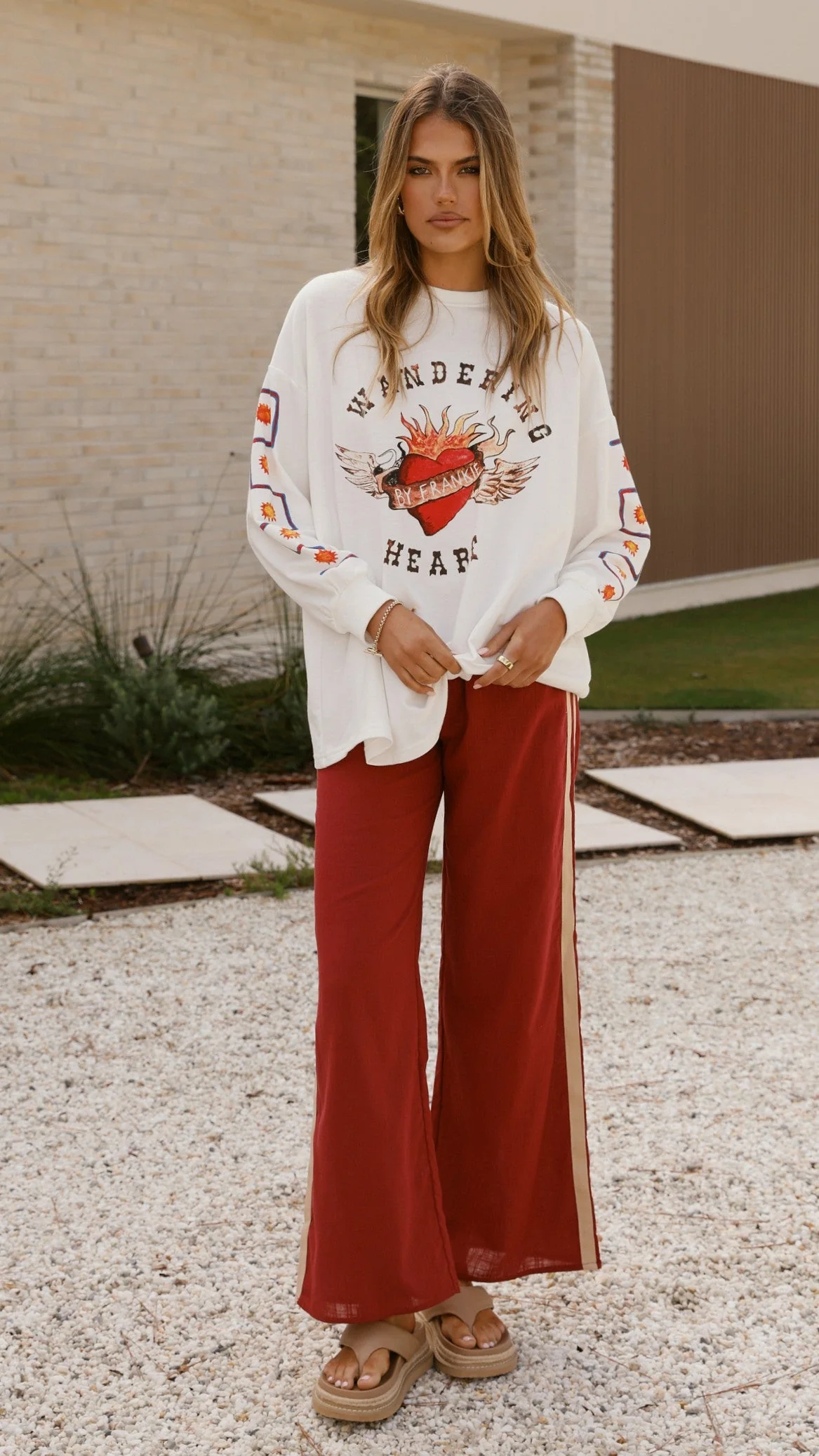 Wandering Heart Long Sleeve Top and Pants Set - Dark Red