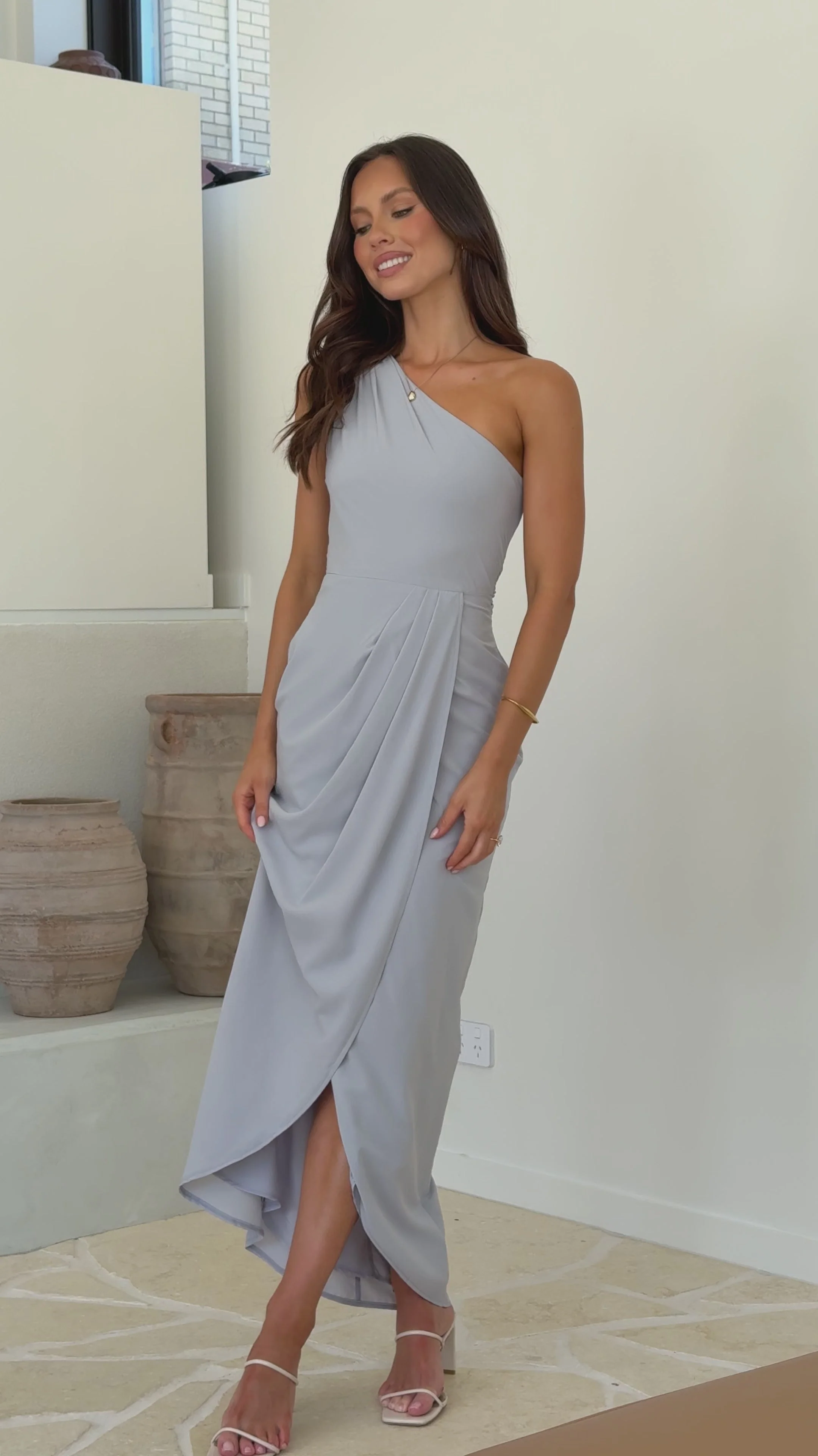 Clara One Shoulder Maxi Dress - Silver