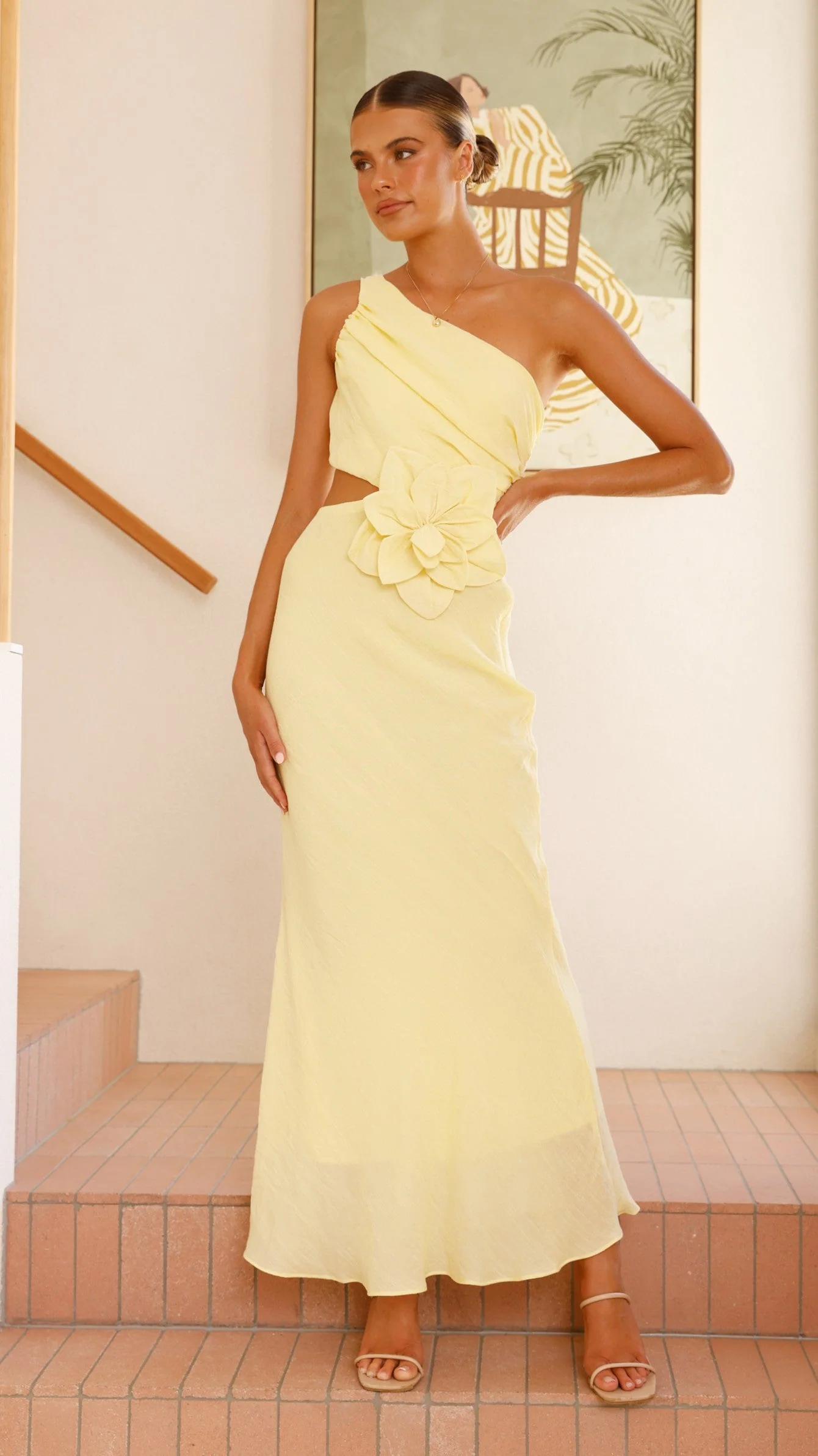 Bloom One Shoulder Cut Out Maxi Dress - Yellow