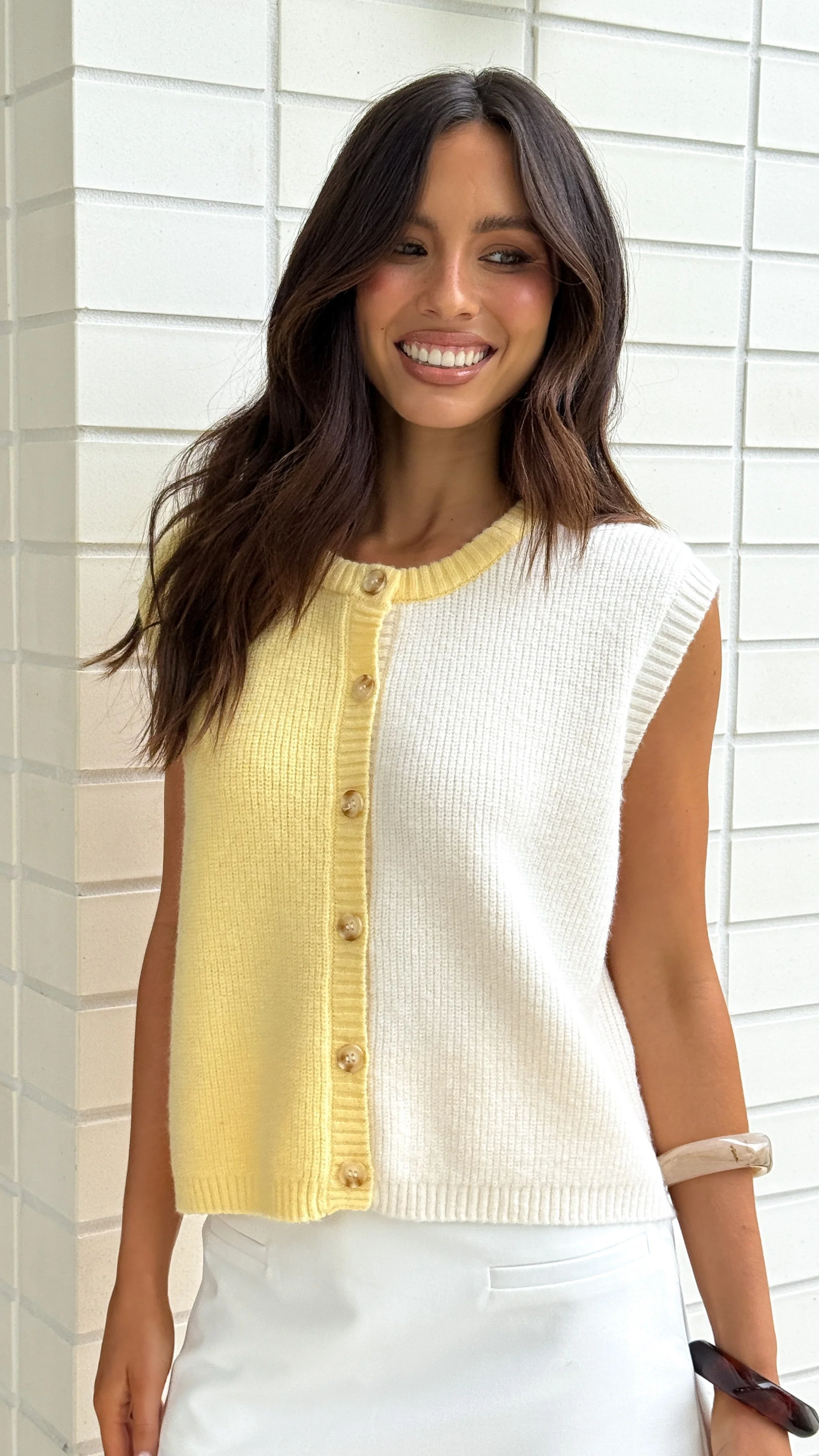 Keisha Knit Button Up Vest - Butter/White