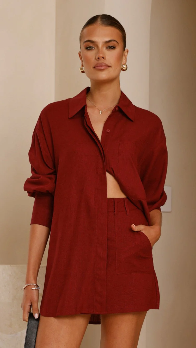 Charla Button Up Top - Burgundy