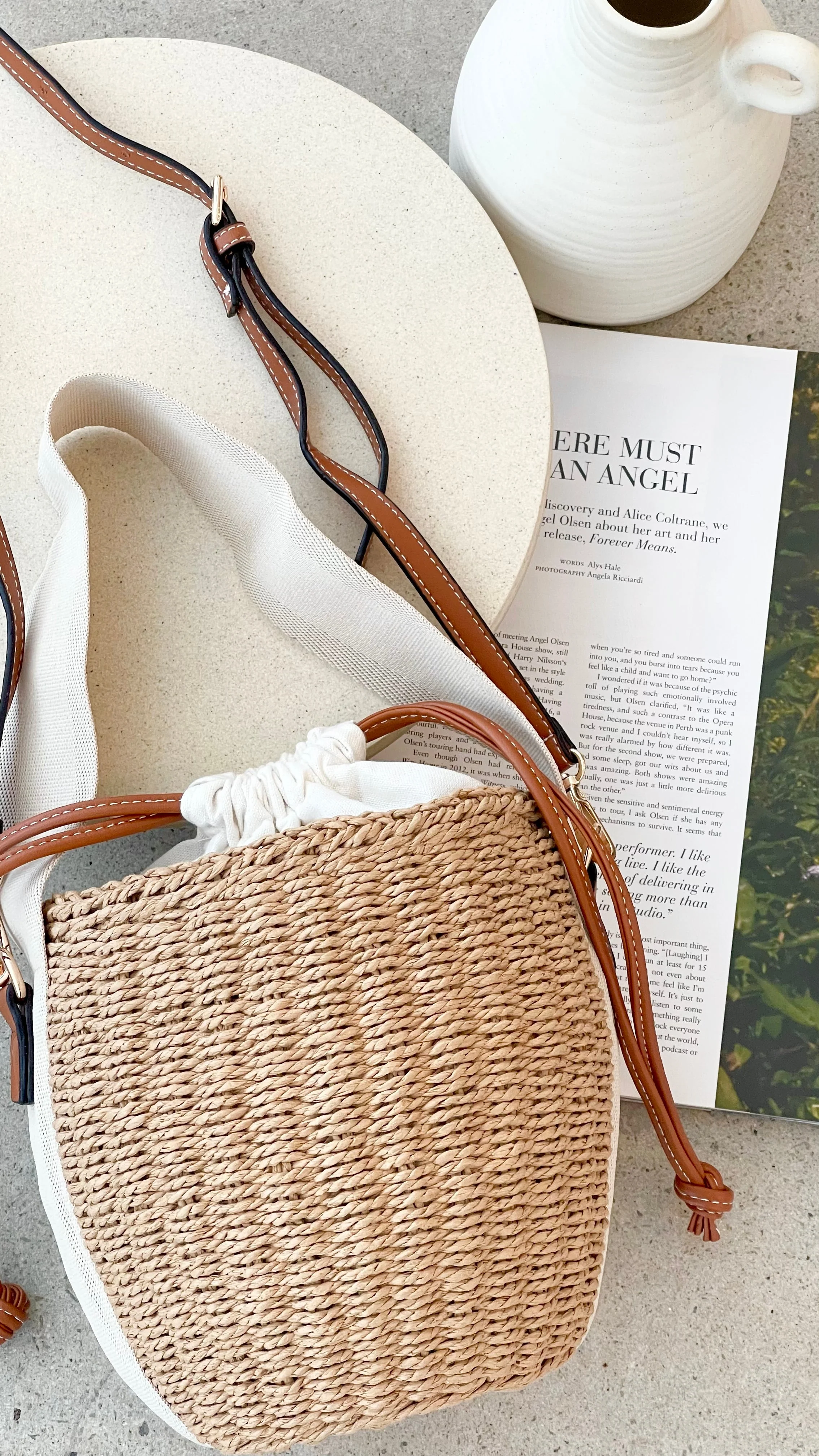 Cleo Woven Bucket Handbag - Natural / Tan