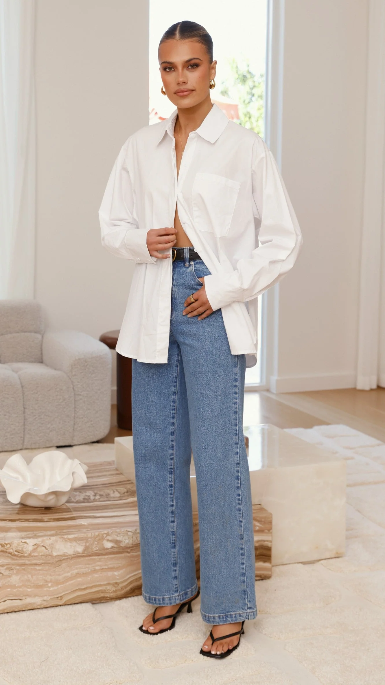 Charla Button Up Poplin Top - White