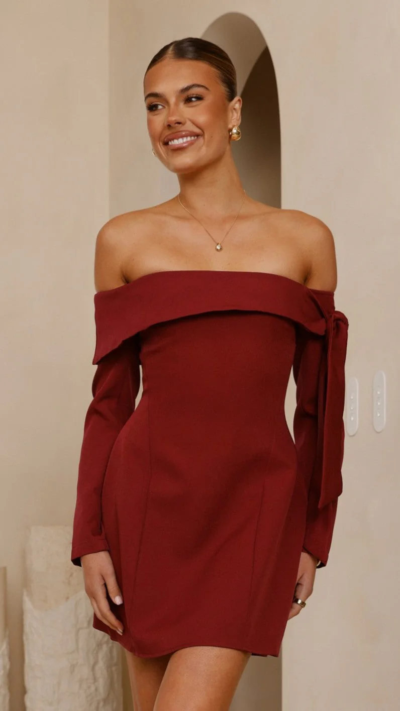 Halen Long Sleeve Mini Dress - Wine