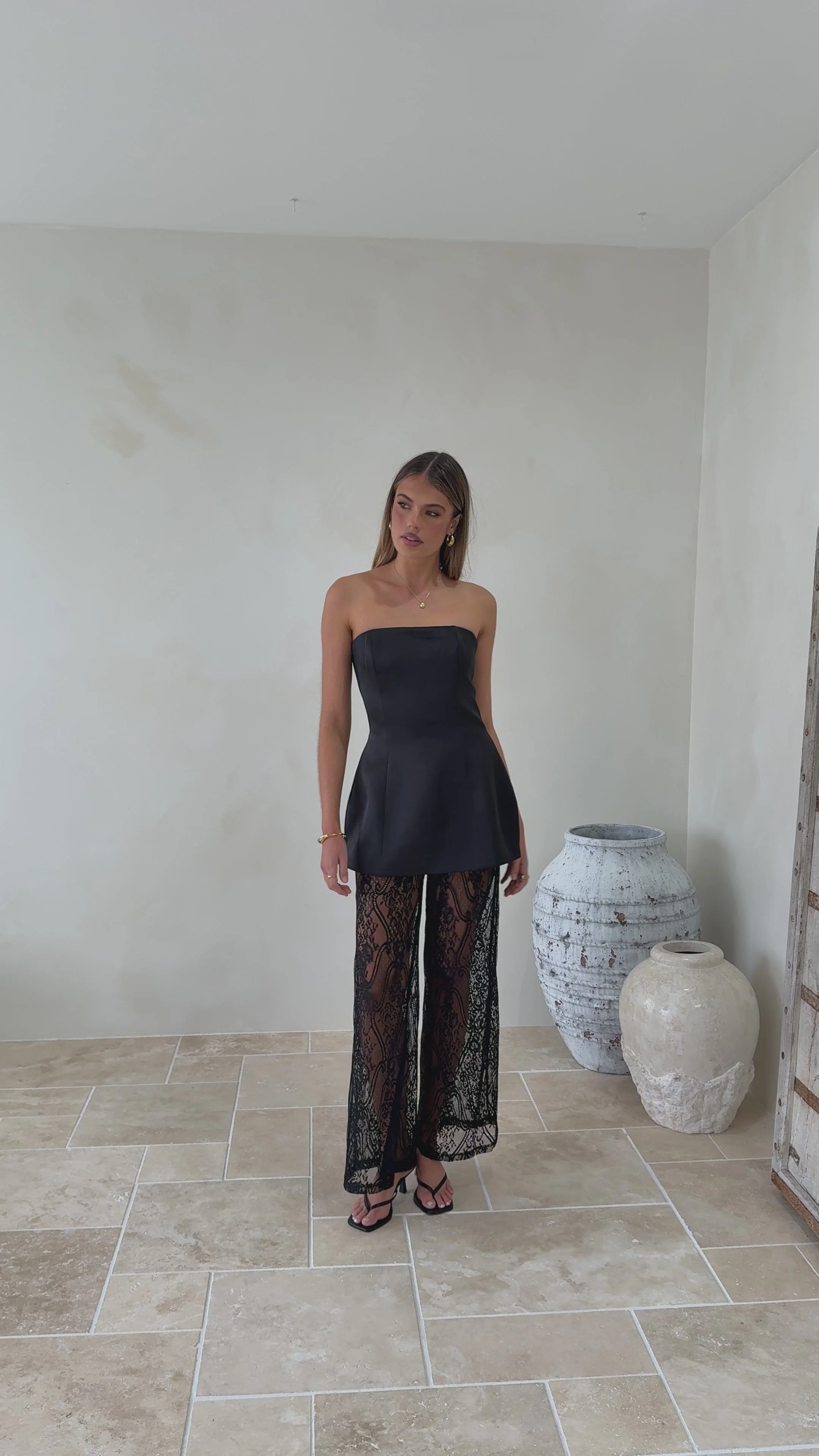 Harlean Strapless Top and Lace Pants Set - Black