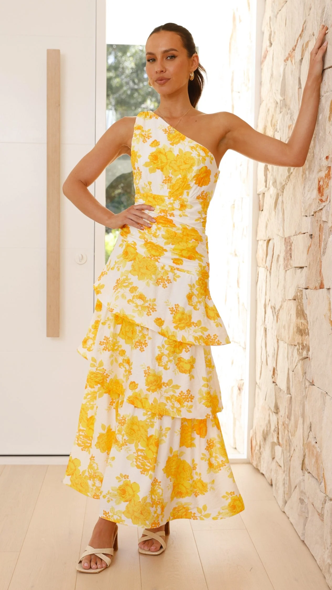 Odilie One Shoulder Maxi Dress - Yellow Floral