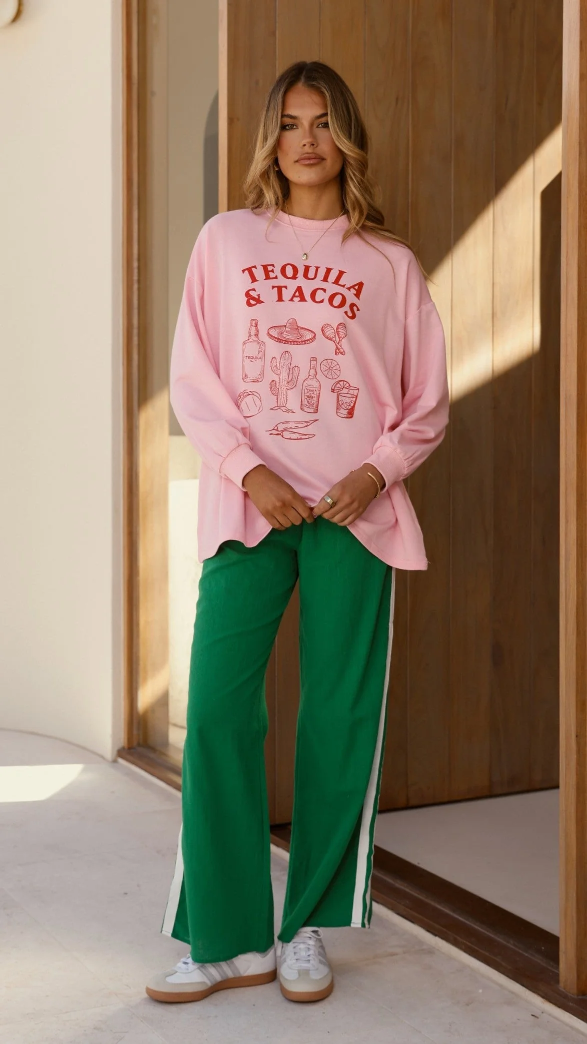 Tequila and Tacos Long Sleeve Top and Pants Set - Pink / Green