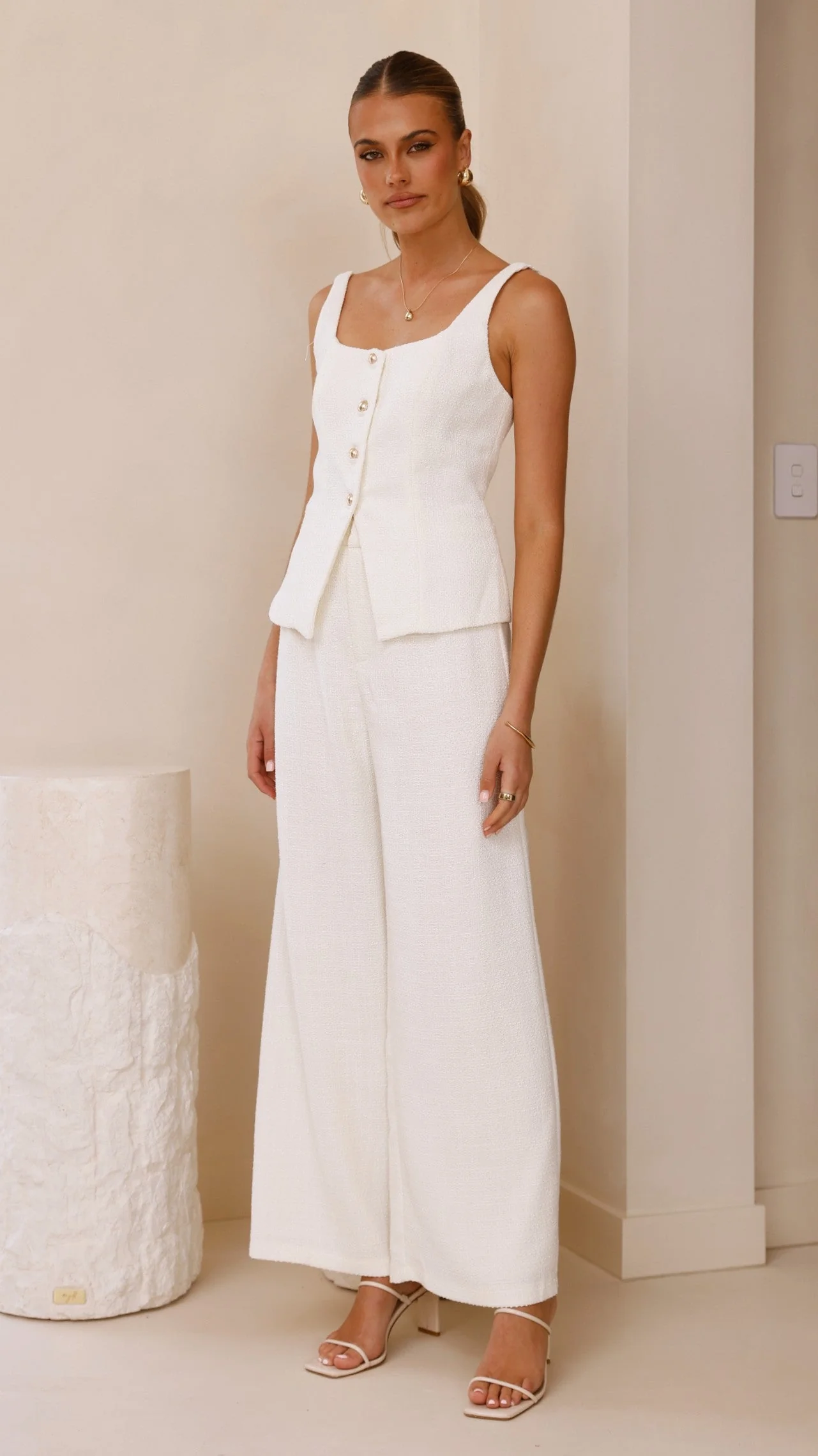 Karrina Tweed Button Up Vest and Pants Set - White