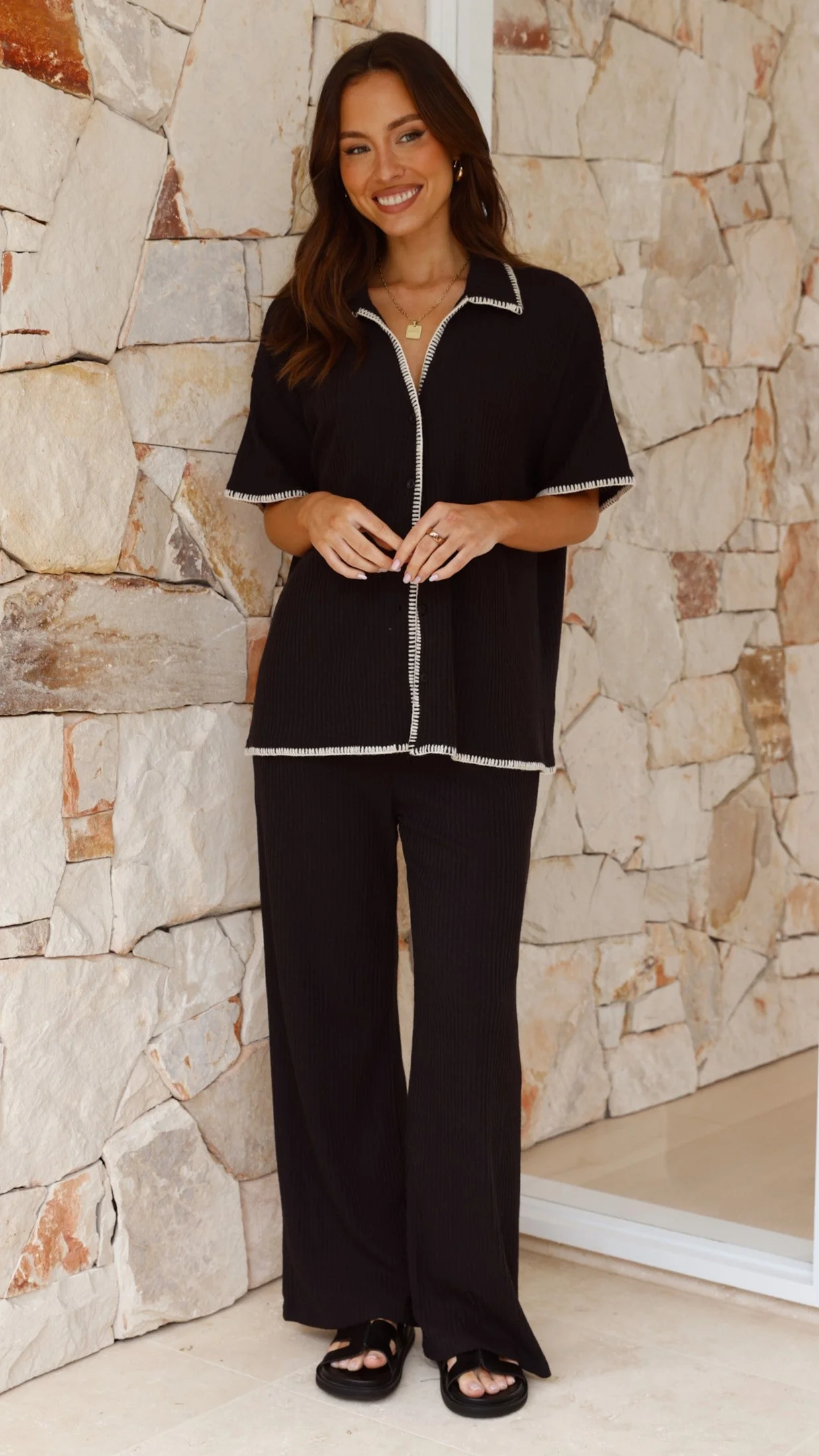 Madian Button Up Shirt and Pants Set - Black