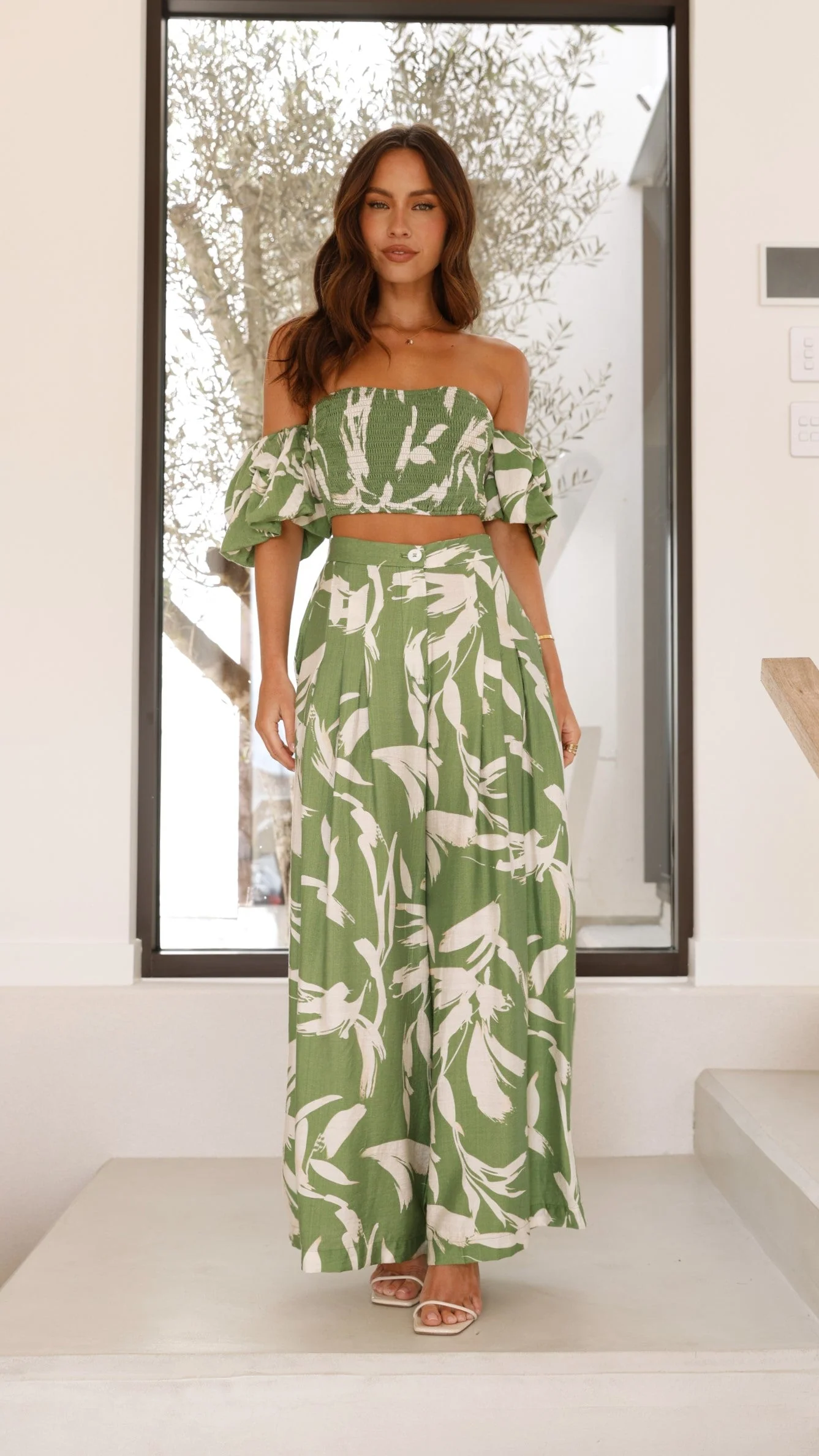 Callison Crop Top and Pants Set - Green Print