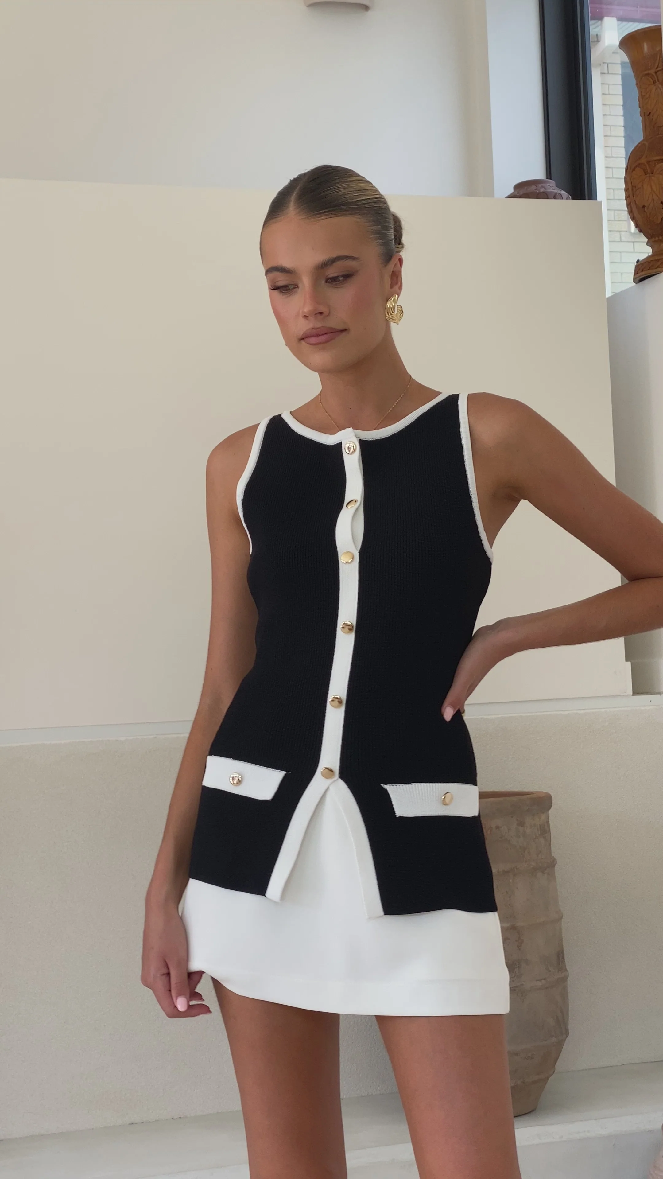 Antoinette Button Up Vest - Black/White