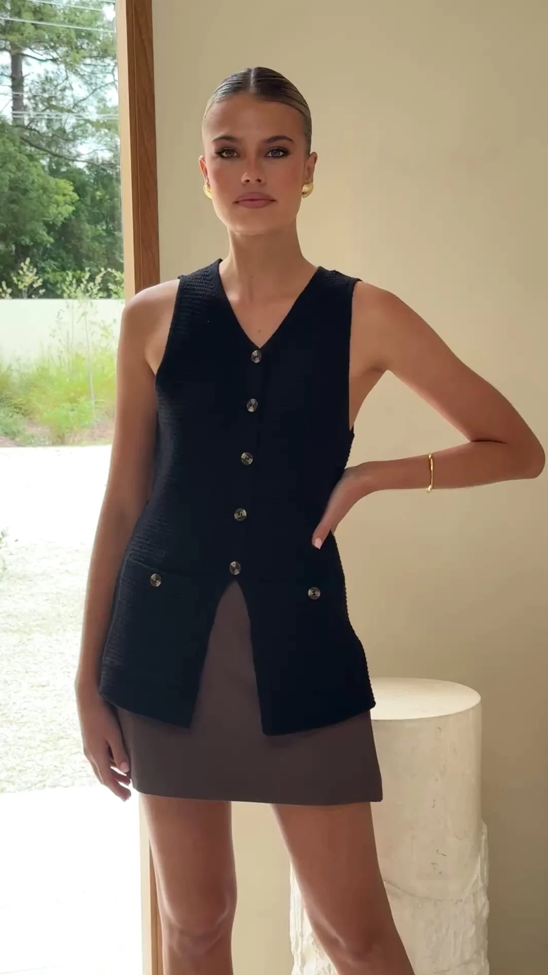 Inari Knit Button Up Vest - Black