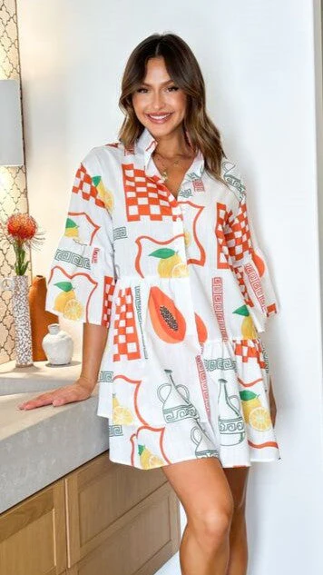 Aceso Asymmetrical Mini Dress - Lemon / Papaya Print