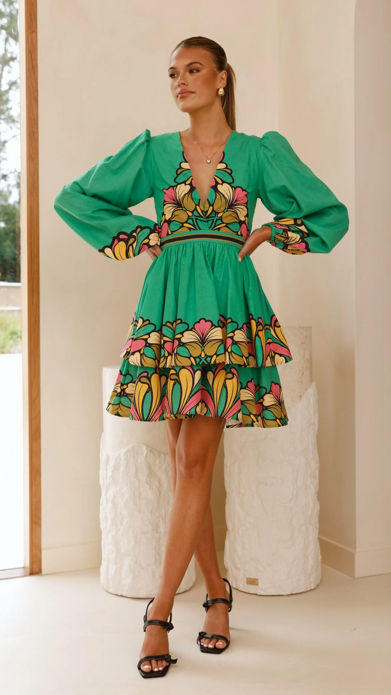 Portugal Long Sleeve Mini Dress - Apple