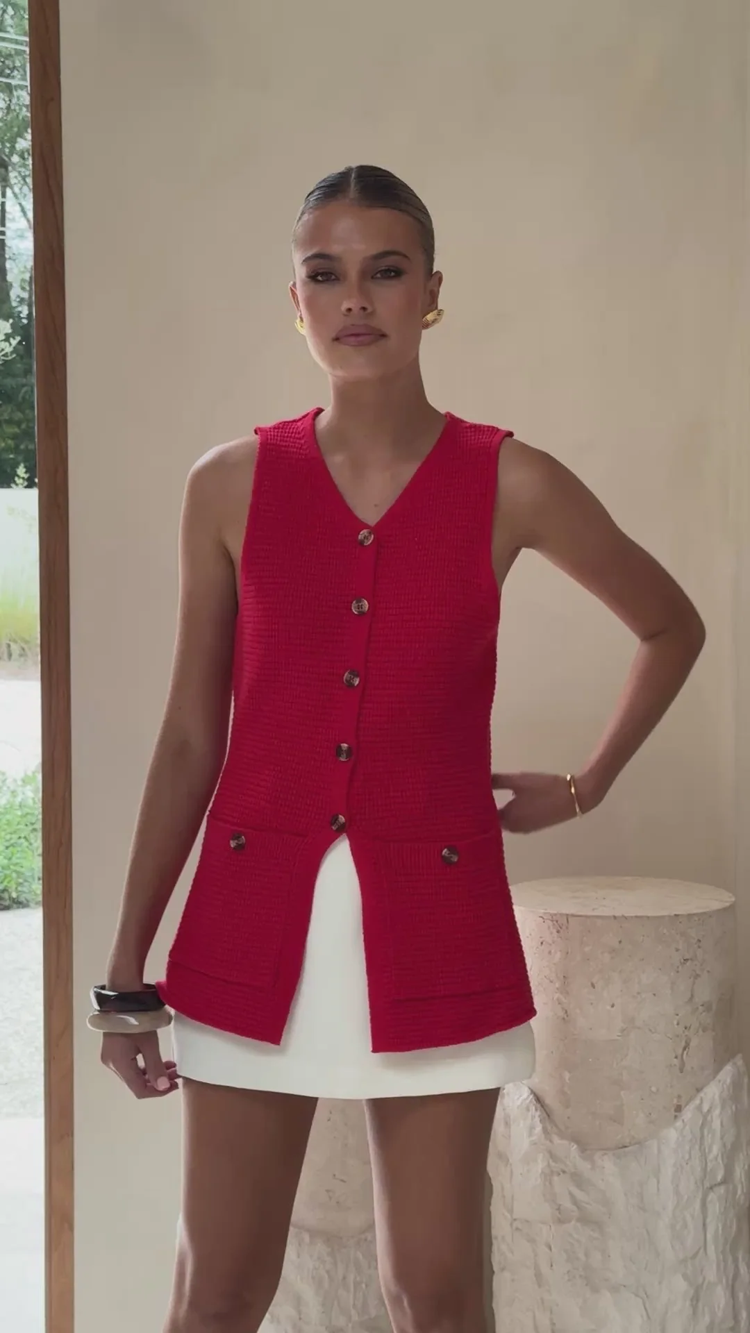 Inari Knit Button Up Vest - Red