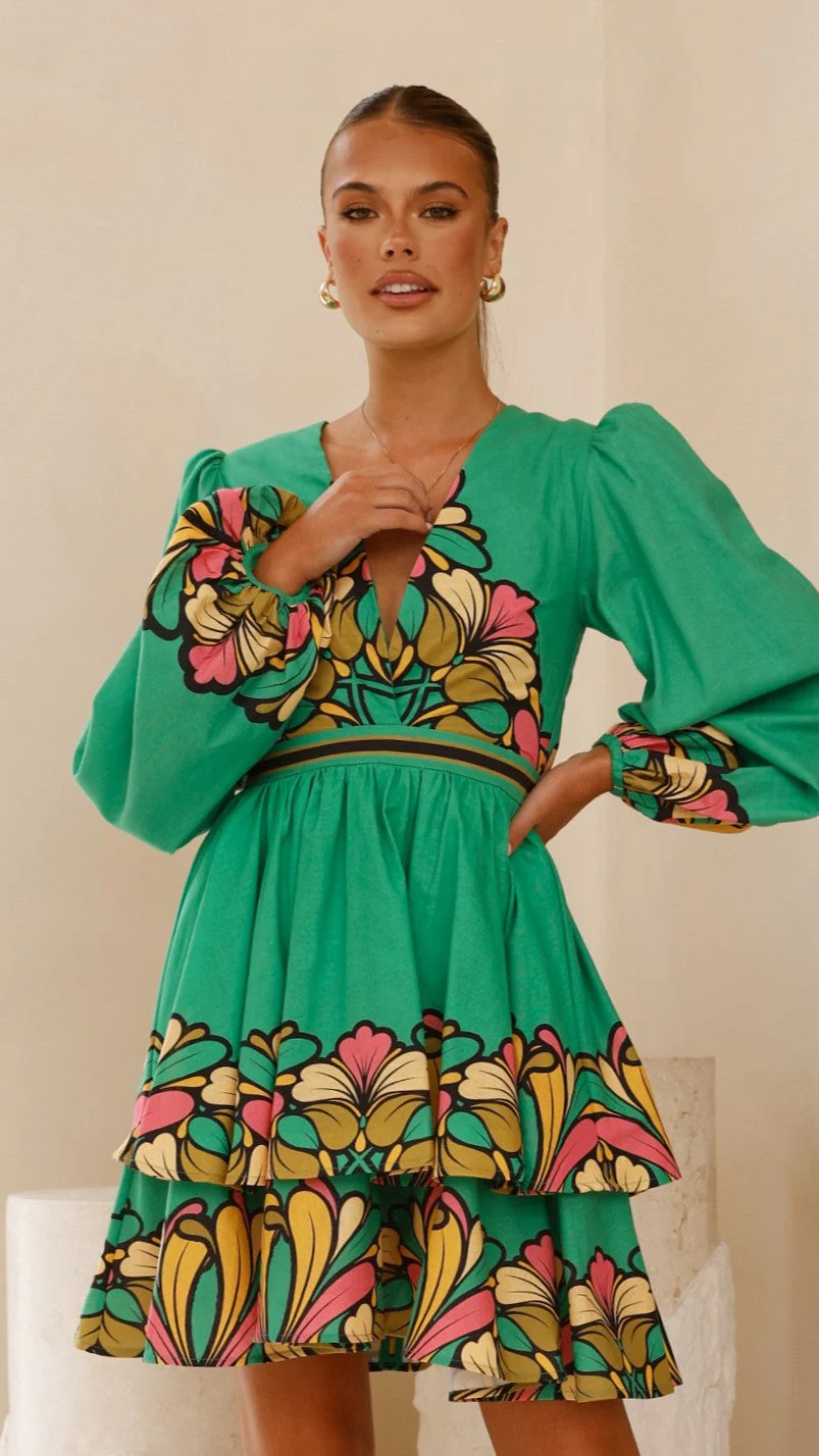 Portugal Long Sleeve Mini Dress - Apple