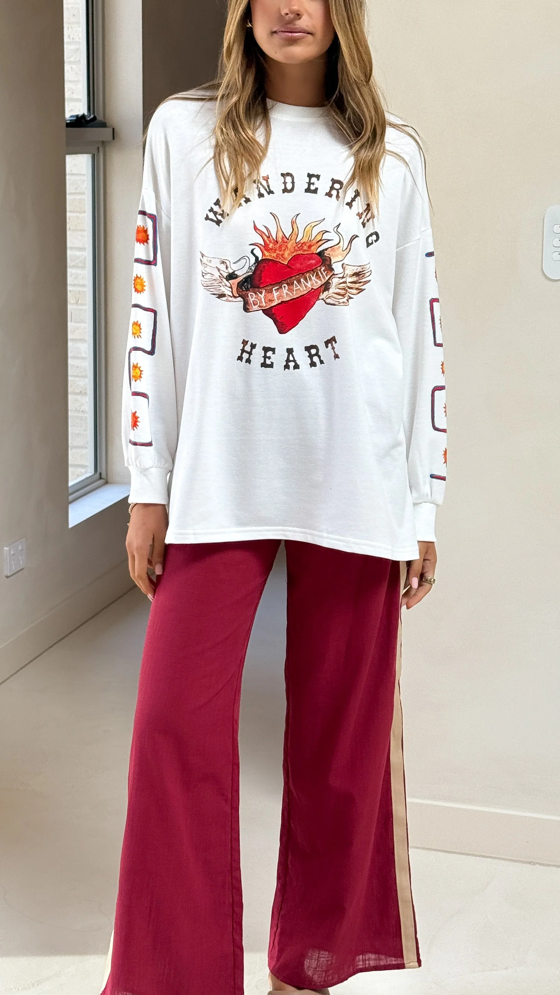 Wandering Heart Long Sleeve Top and Pants Set - Dark Red