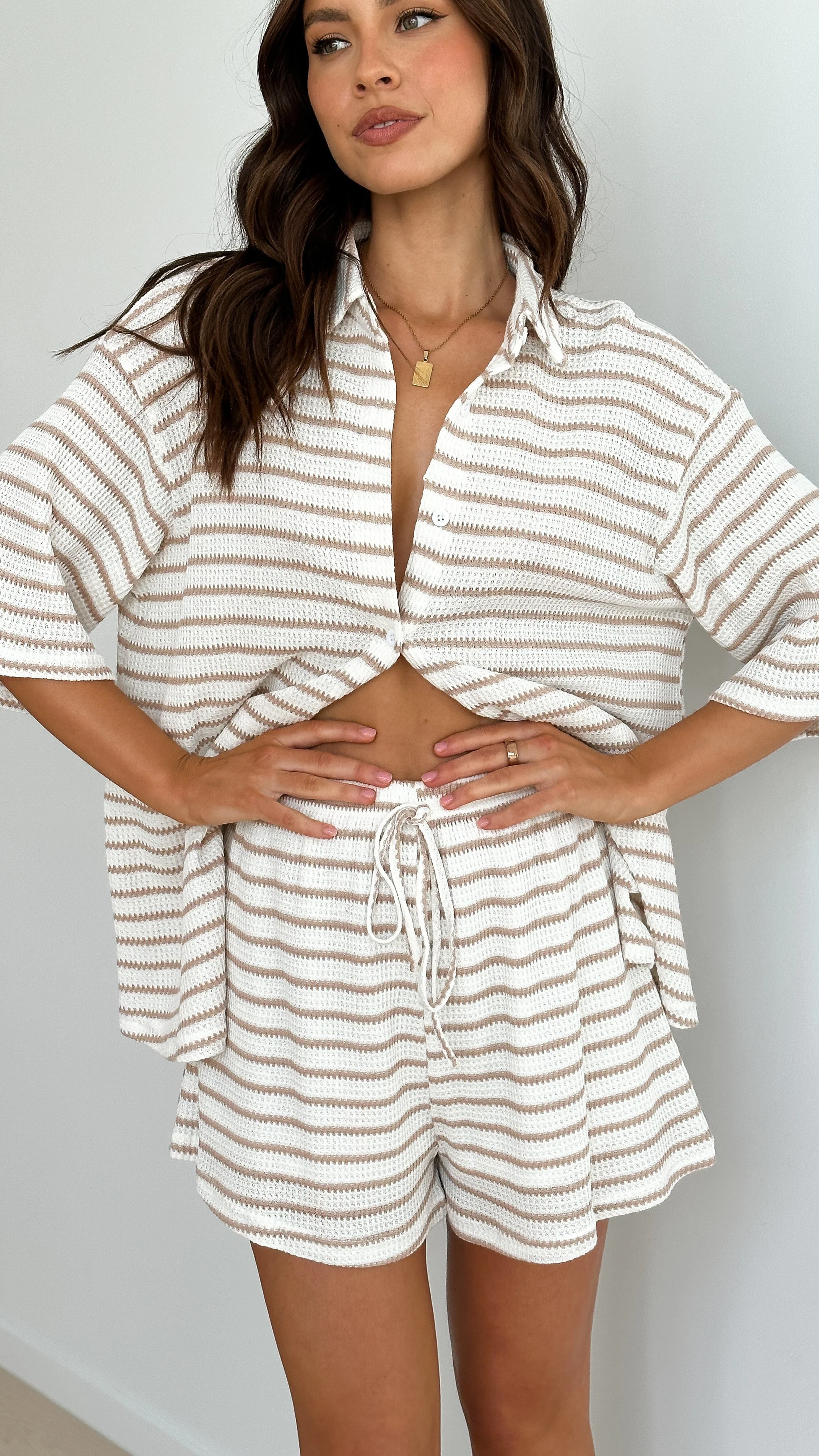 Lacole Button Up Shirt and Shorts Set - White / Beige Stripe