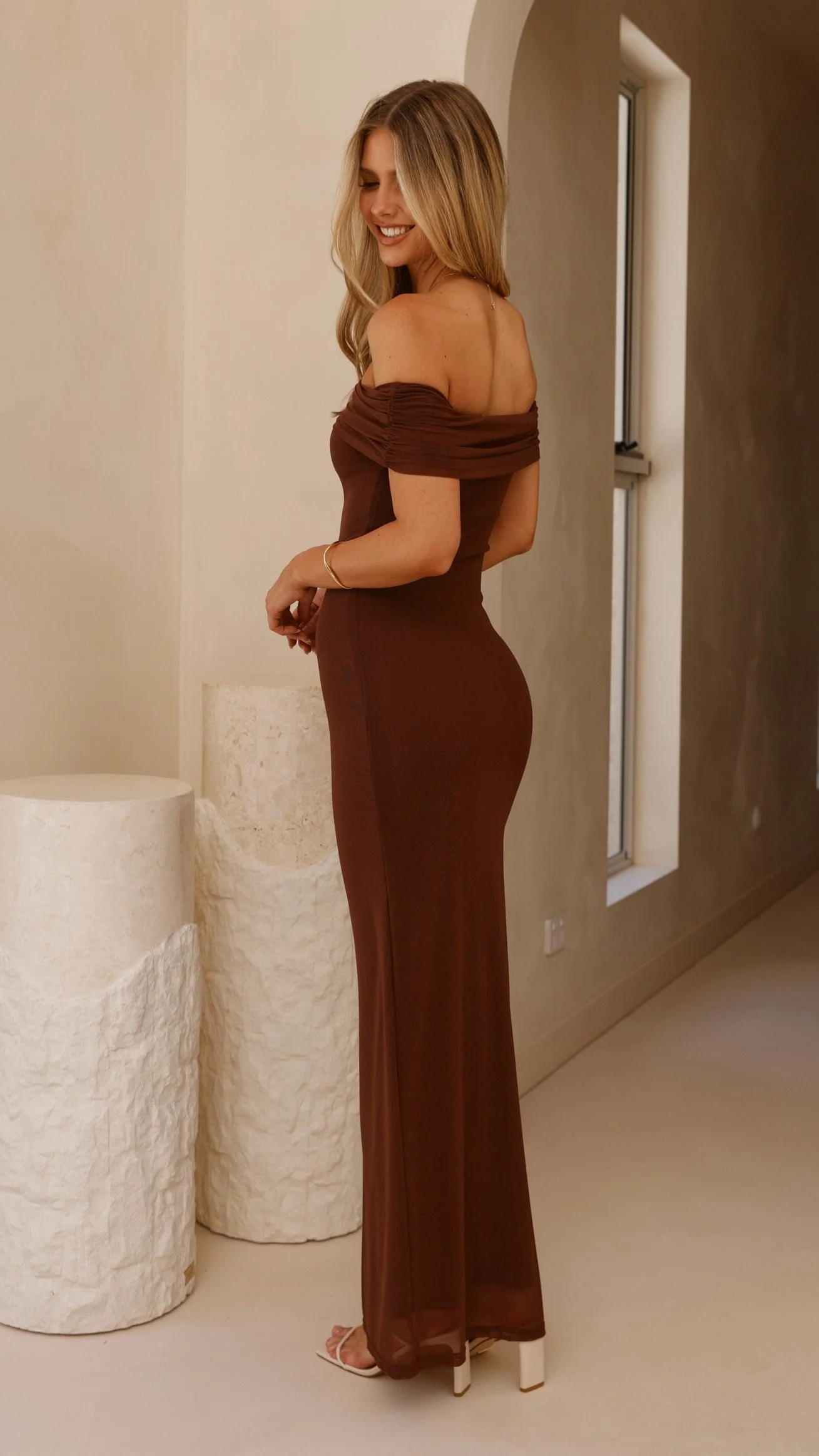 Darcey Off Shoulder Maxi Dress - Brown