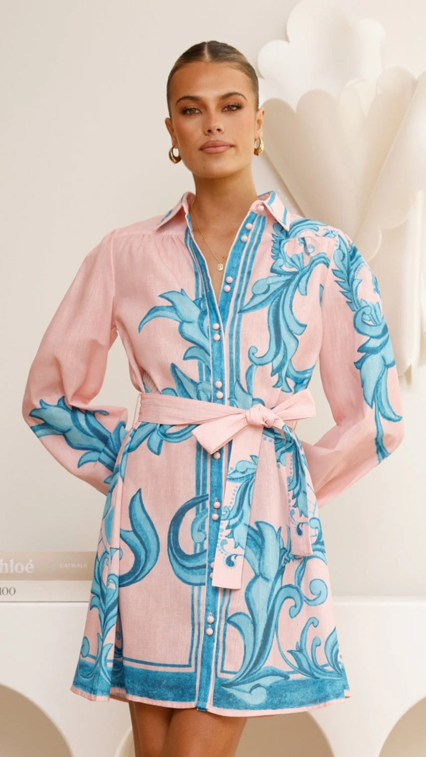 Lucia Long Sleeve Mini Dress - Aqua/Pink Print