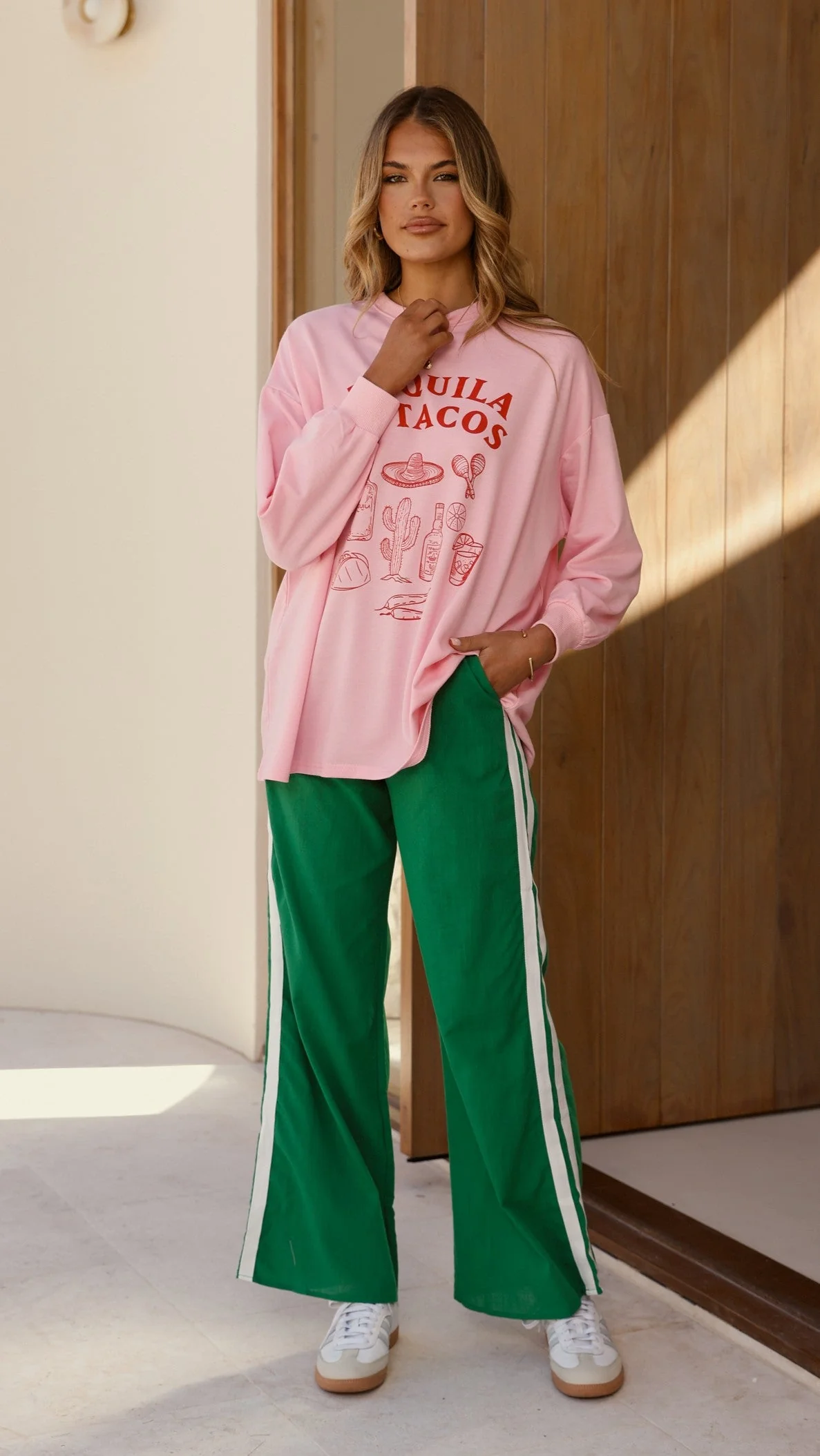 Tequila and Tacos Long Sleeve Top and Pants Set - Pink / Green