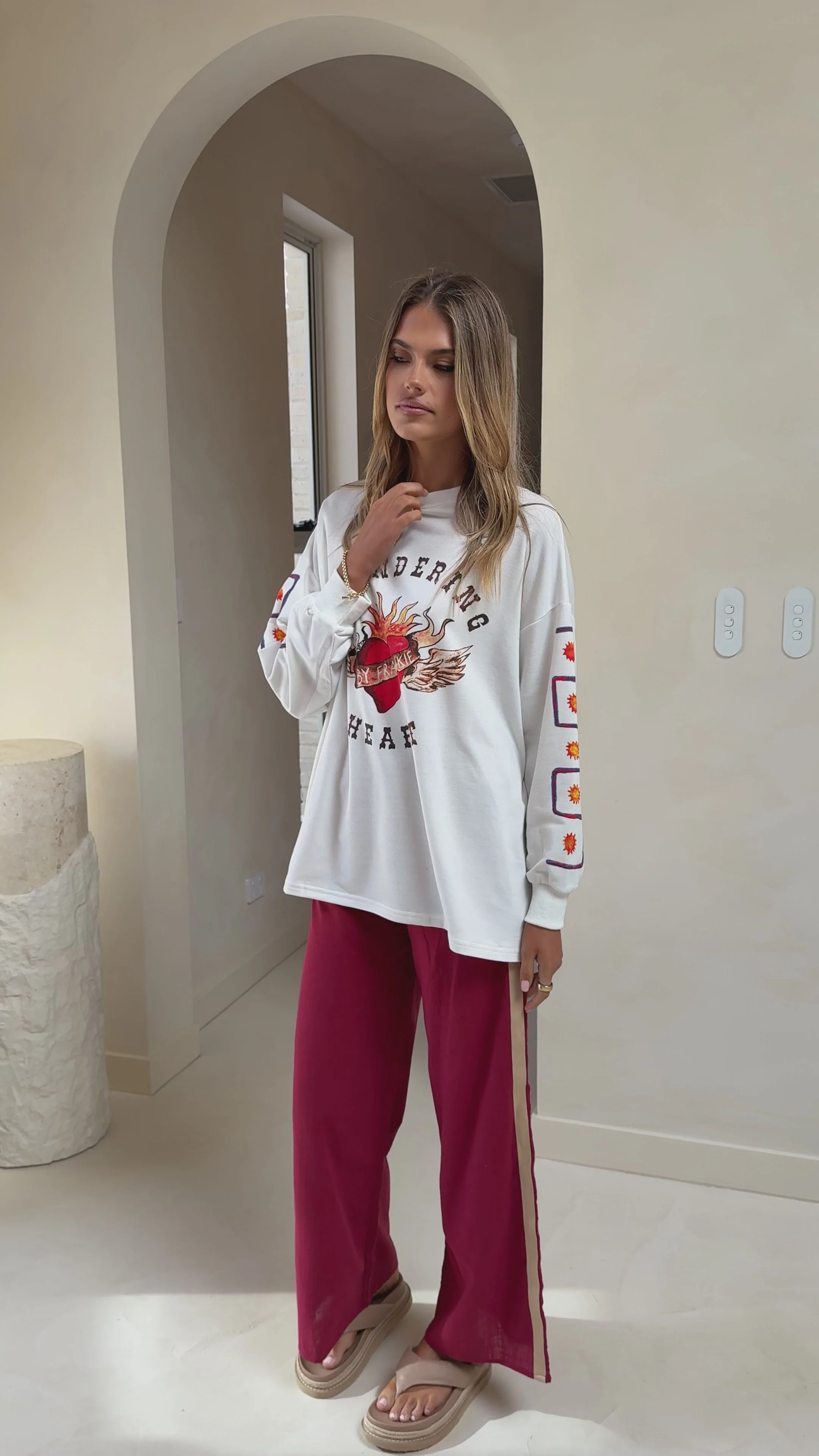 Wandering Heart Long Sleeve Top and Pants Set - Dark Red