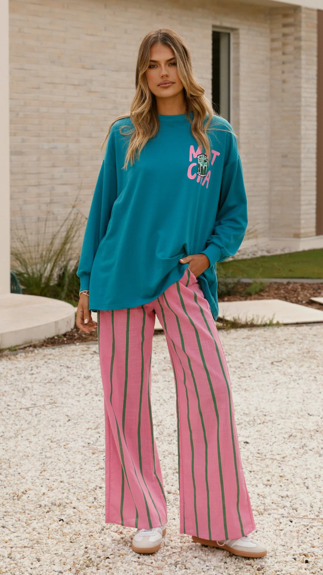 Matcha Long Sleeve Top and Pants Set - Teal / Pink
