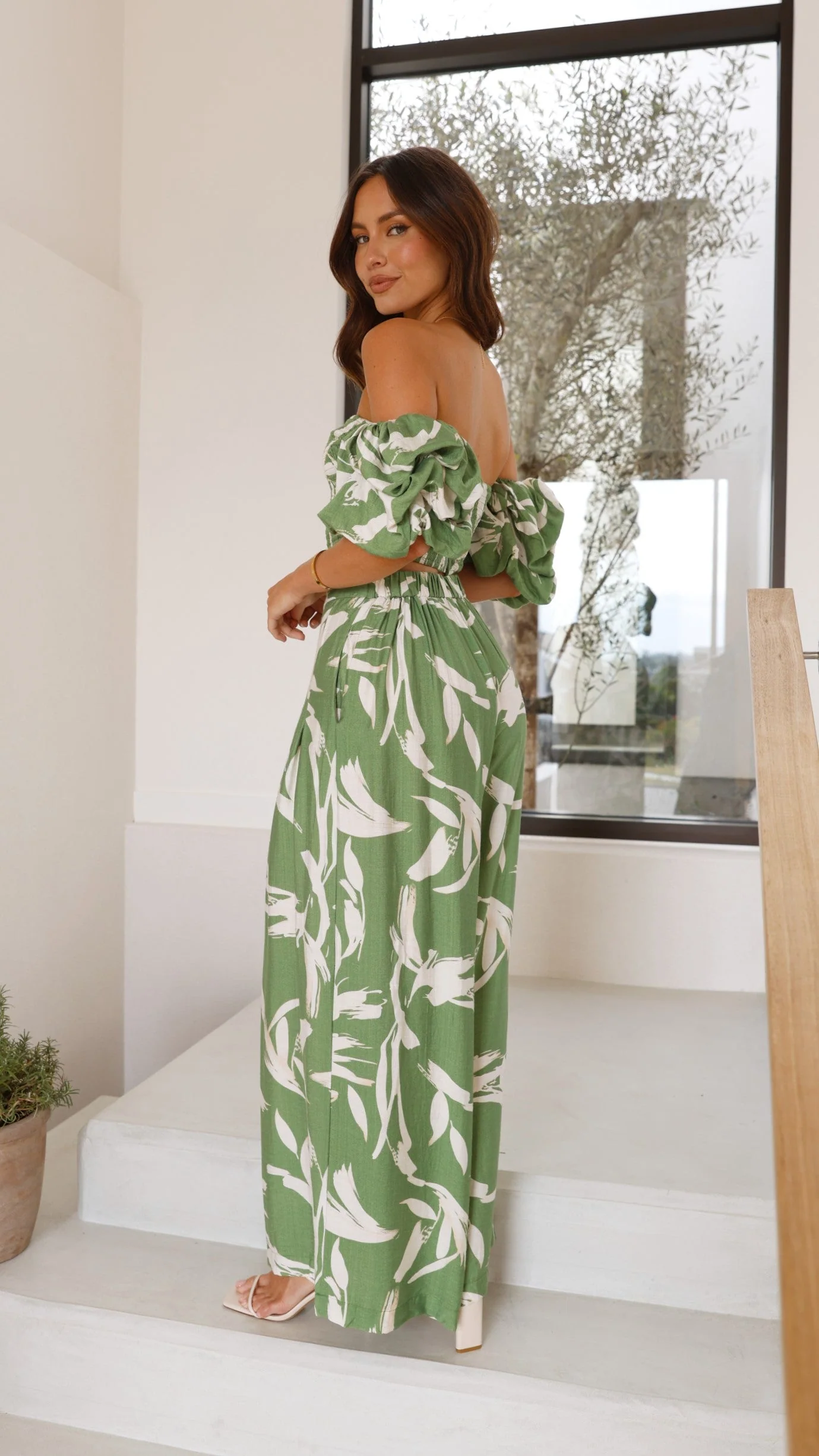 Callison Crop Top and Pants Set - Green Print